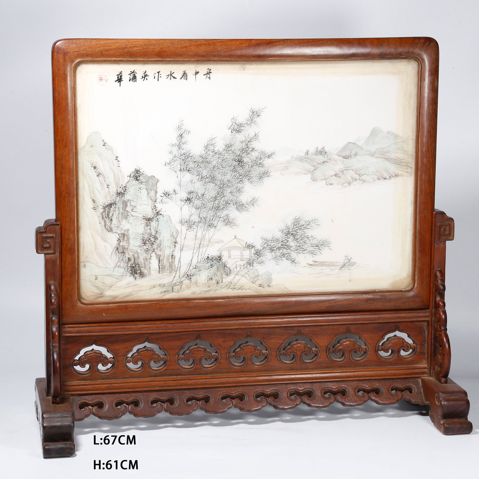 A HUANGHUALI SCREEN INLAID WITH CLOUD-PATTERN STONE AND PAINTED WITH LANDSCAPE DESIGN (1 of 11)