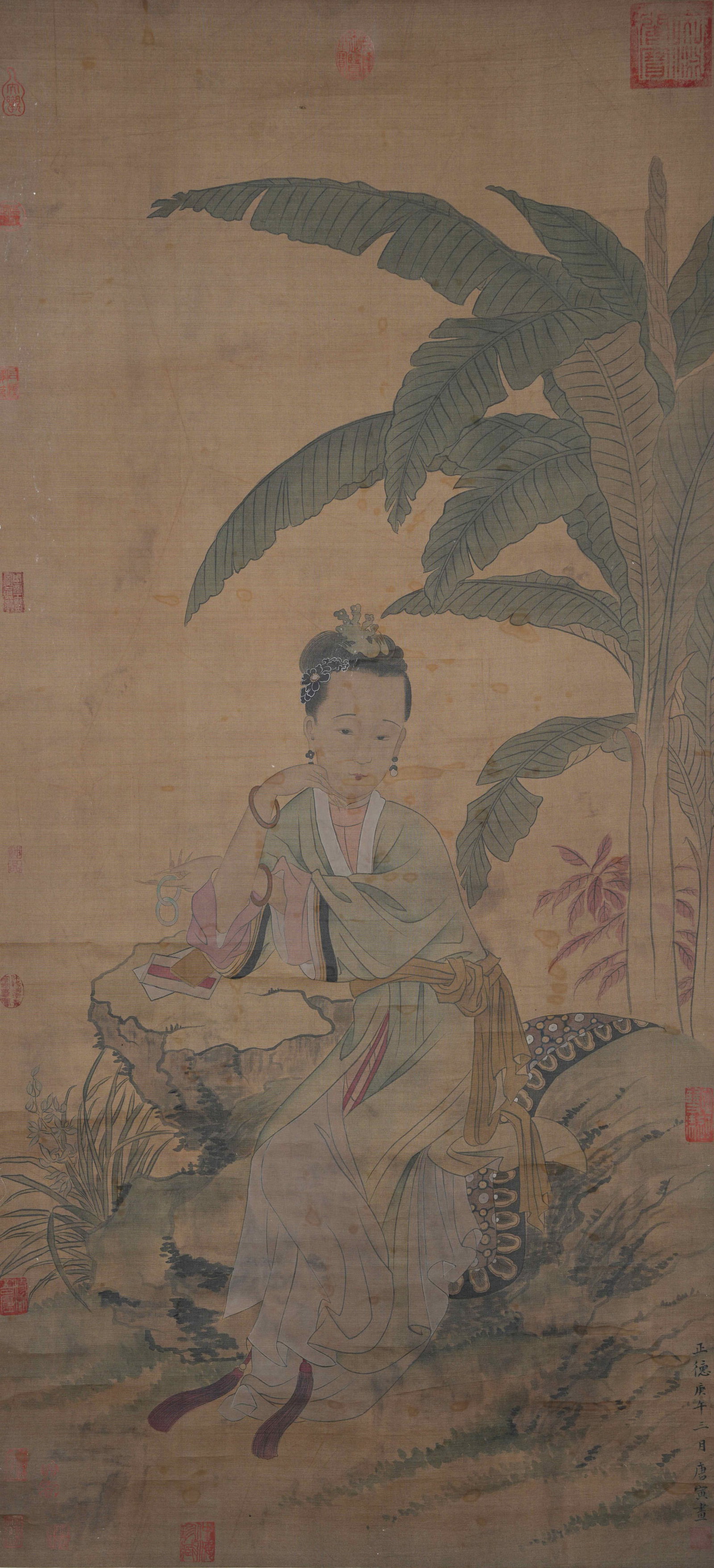 A LADY PAINTING ON SILK BY TANG BOHU.唐伯虎: Lady Painting on Silk by Tang Bohu.唐伯虎