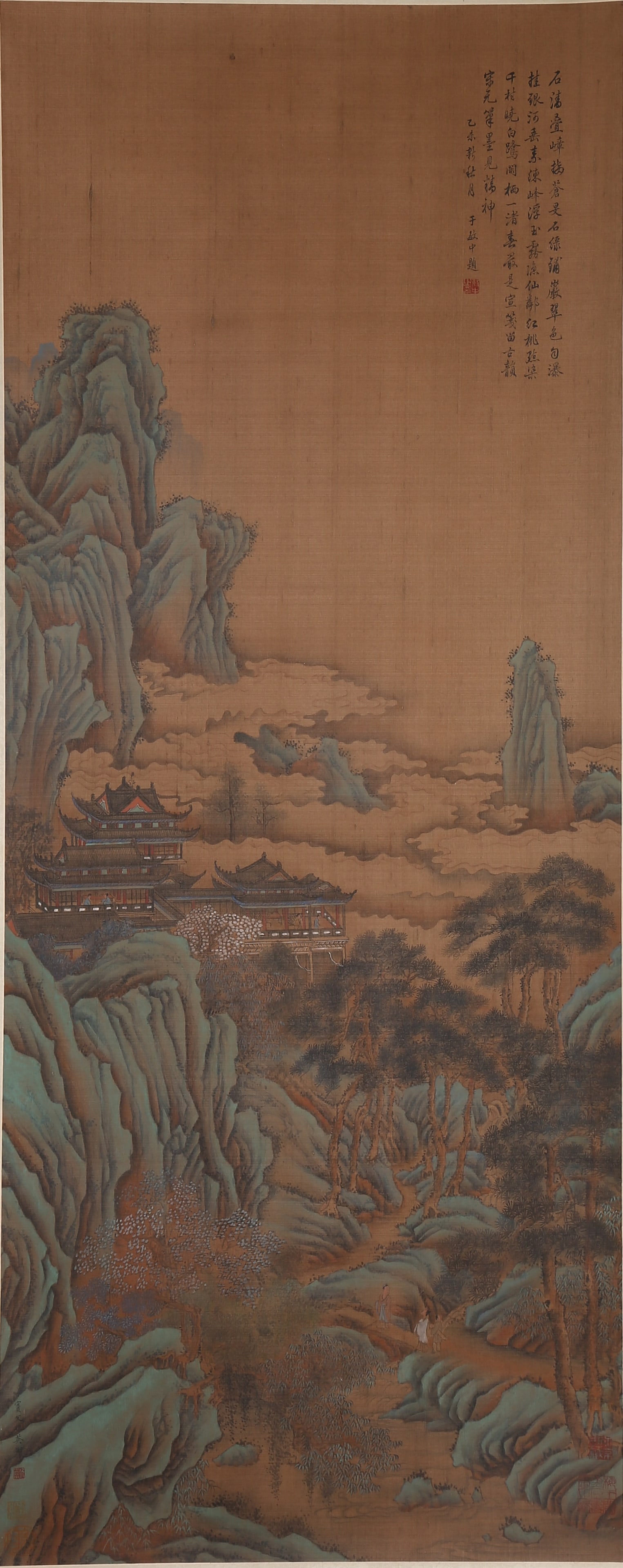 A LANDSCAPE AND PAVILION PAINTING ON SILK BY QIU YING.仇英: Landscape and pavilion painting on silk by Qiu Ying.仇英