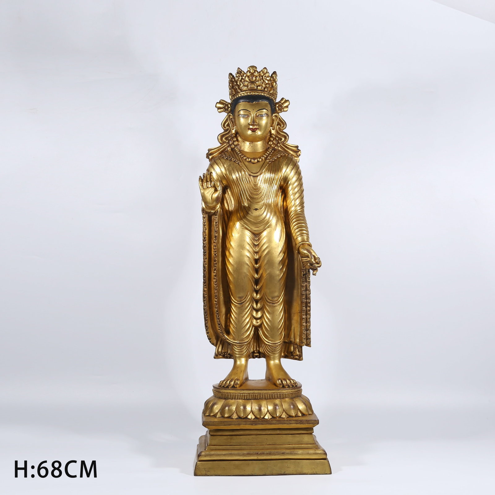 A GILT BRONZE STANDING SHAKYAMUNI STATUE: Gilt Bronze Standing Shakyamuni Statue