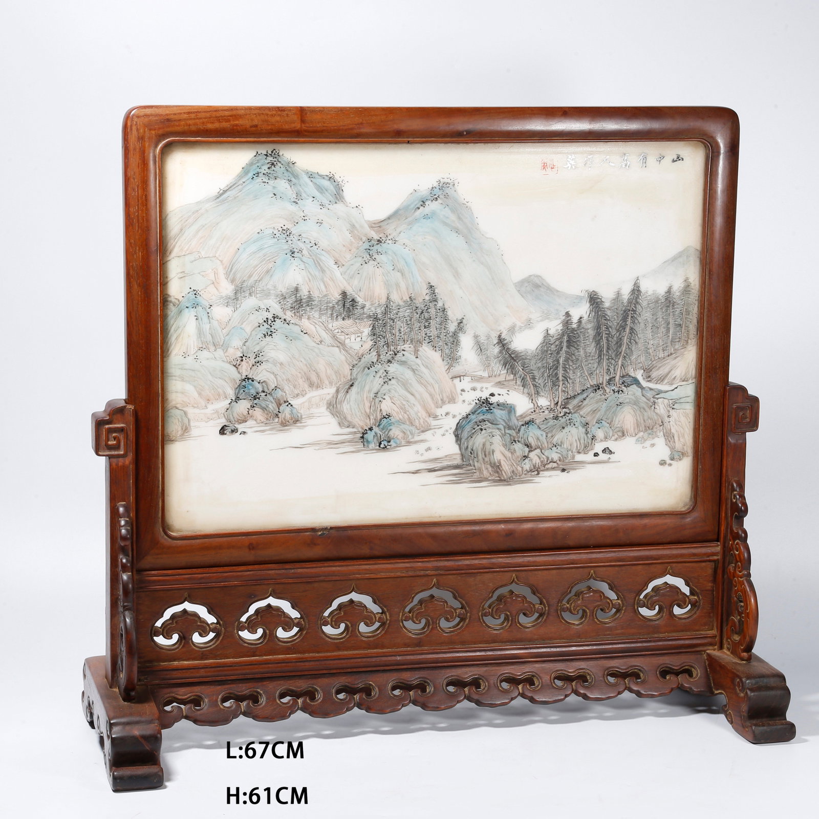 A HUANGHUALI SCREEN INLAID WITH CLOUD-PATTERN STONE AND PAINTED WITH LANDSCAPE DESIGN (1 of 10)