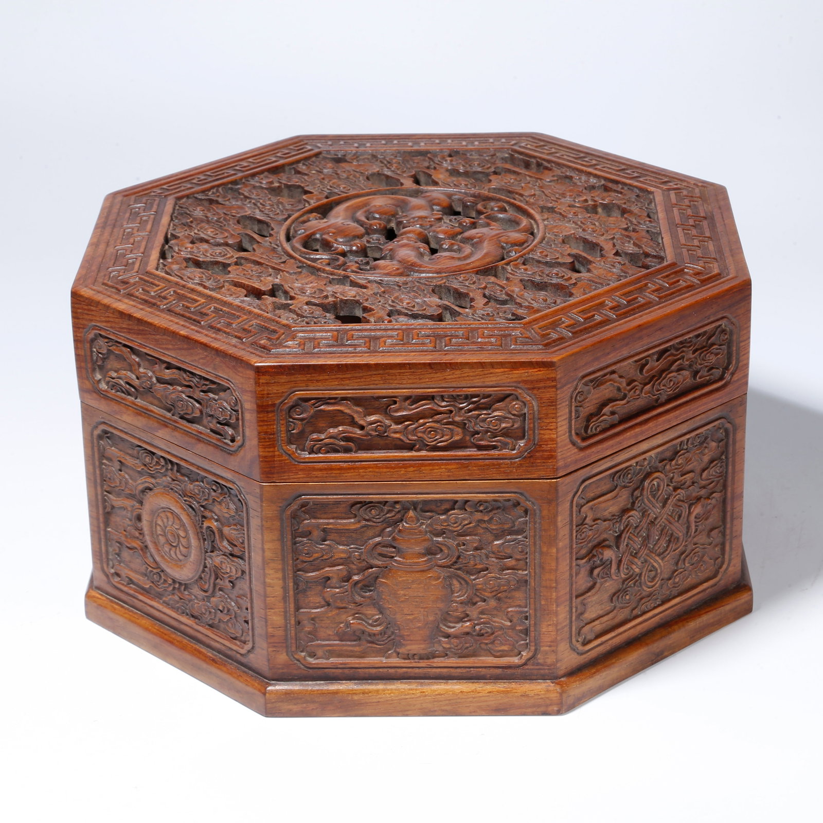A HUANGHUALI OPENWORK LIDDED BOX WITH CHI TIGER DESIGN: Huanghuali Openwork Lidded Box with Chi Tiger Design