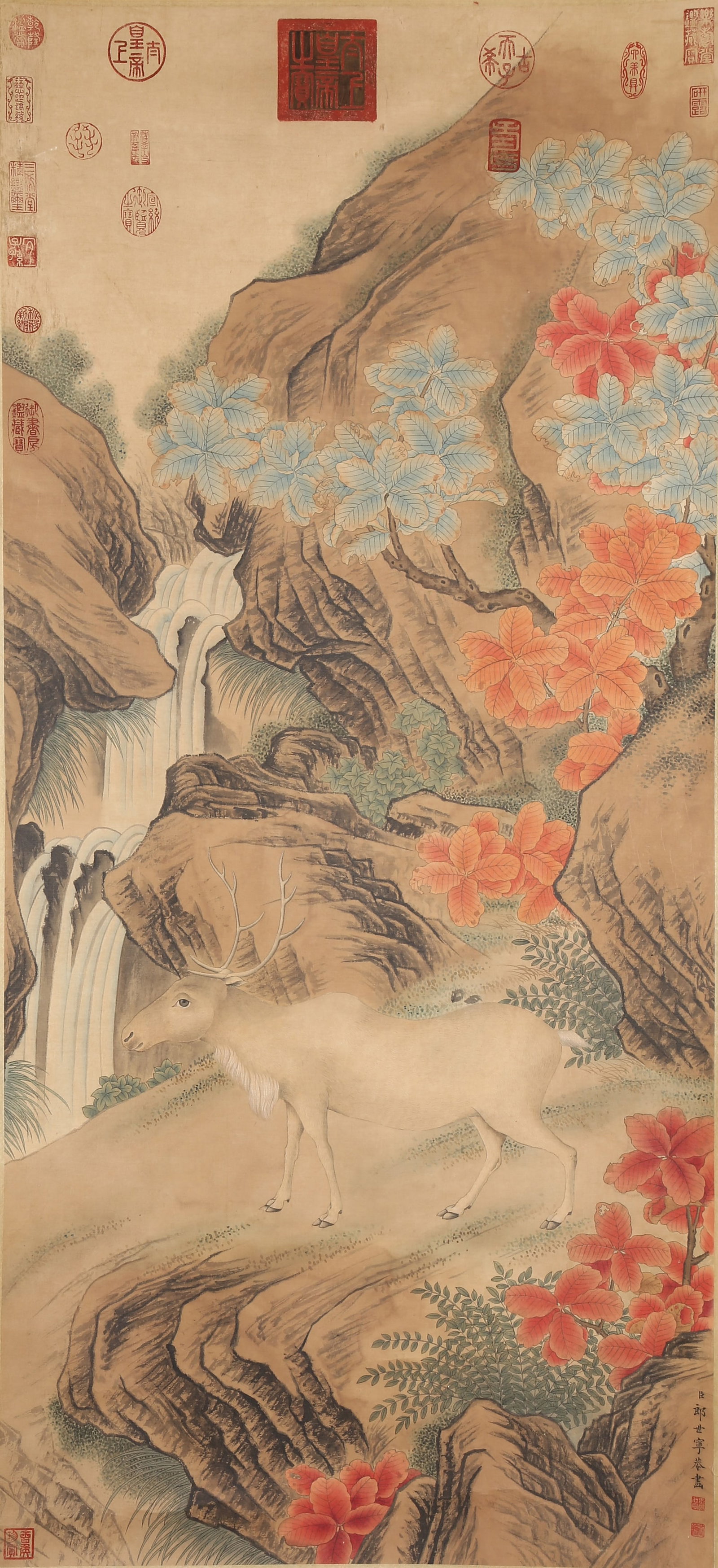 A DEER PAINTING ON SILK BY GIUSEPPE CASTIGLIONE (LANG SHINING).郎世寧: Deer painting on silk by Giuseppe Castiglione (Lang Shining).郎世寧