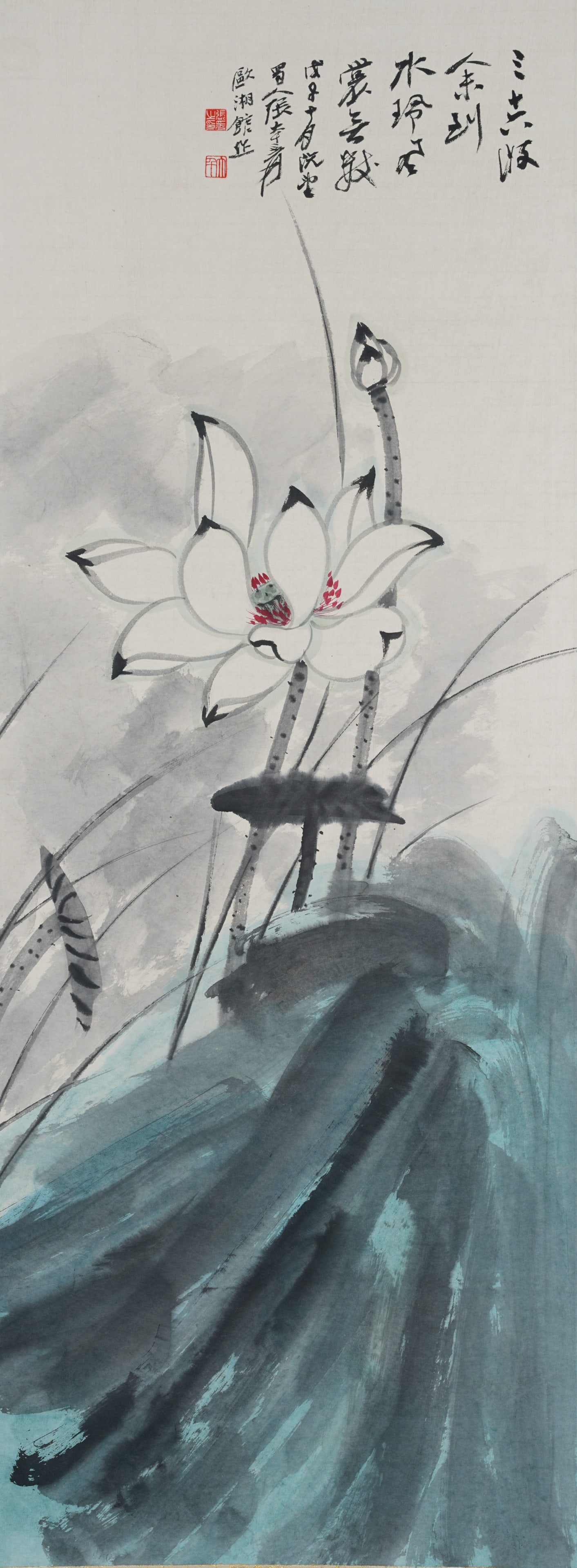 A LOTUS PAINTING ON PAPER BY ZHANG DAQIAN.張大千: Lotus Painting on Paper by Zhang Daqian.張大千