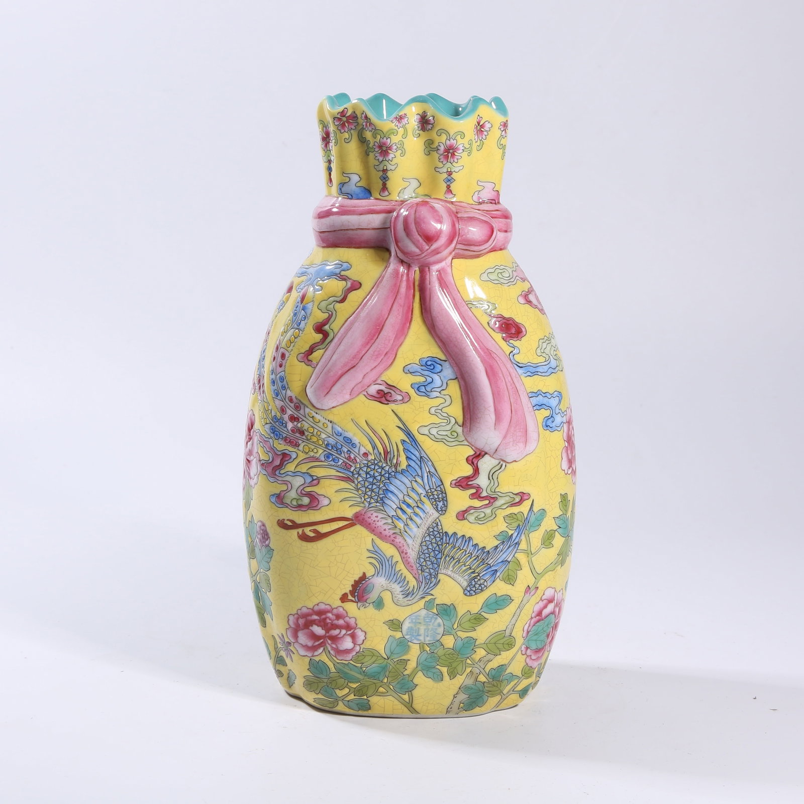 A YELLOW-GROUND FAMILLE ROSE WRAPPED-BUNDLE VASE (1 of 10)