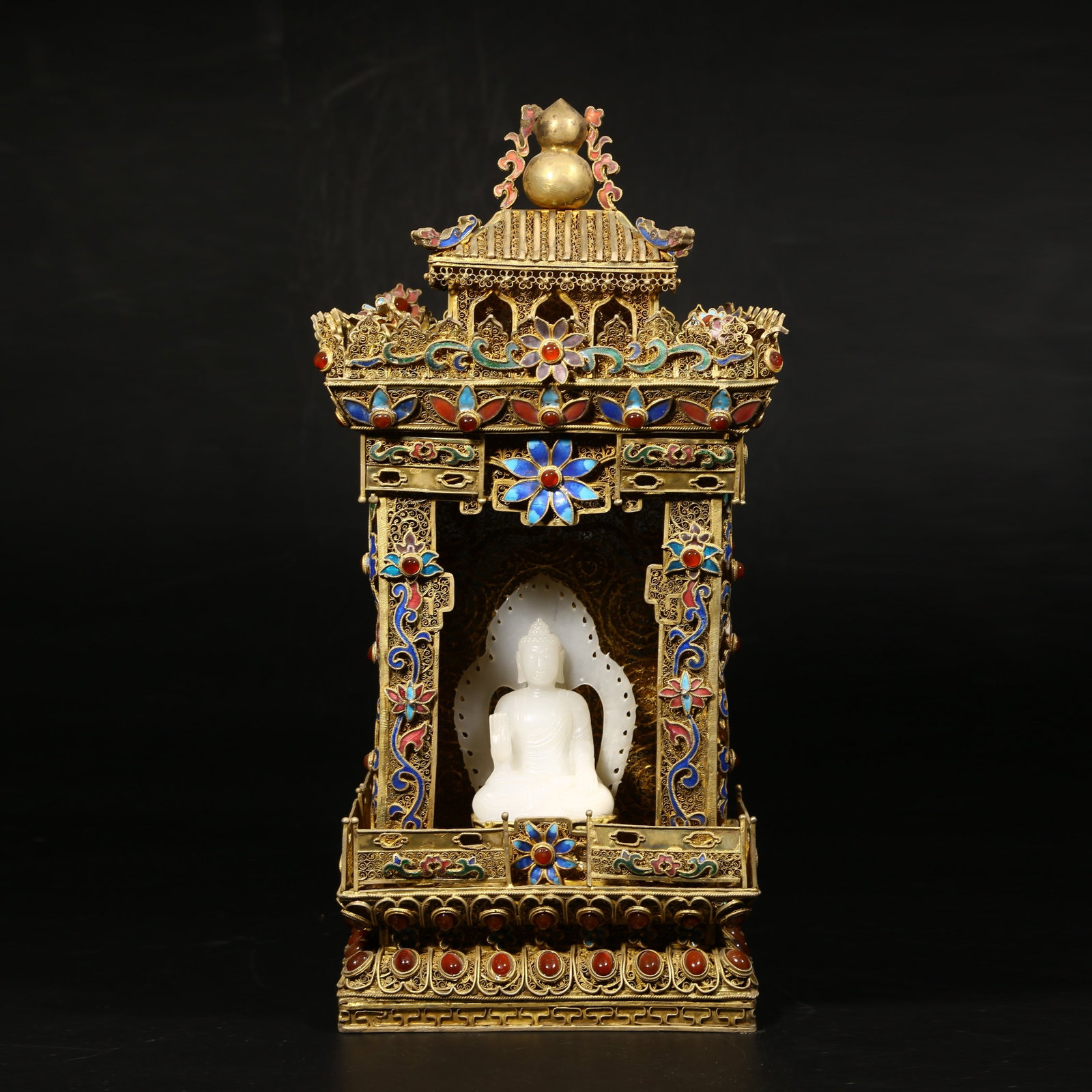 A GILDED SILVER FILIGREE CLOISONNÉ BUDDHIST SHRINE INLAID WITH HETIAN JADE: Gilded silver filigree cloisonné Buddhist shrine inlaid with Hetian jade