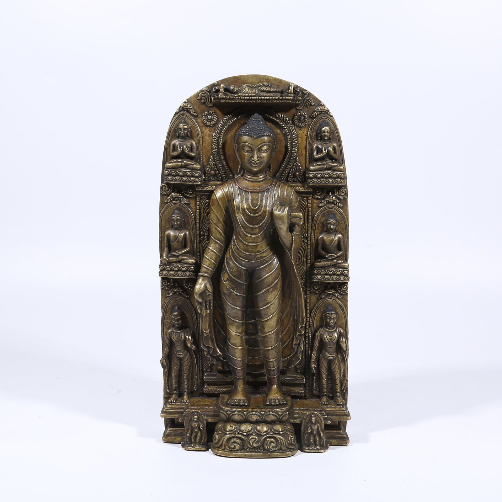 A ALLOY BRONZE STANDING SHAKYAMUNI STATUE: Alloy Bronze Standing Shakyamuni Statue