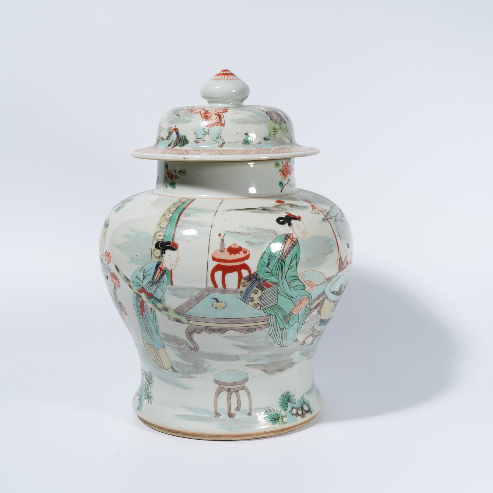 A FAMILLE-ROSE GENERAL'S JAR WITH FIGURAL NARRATIVE MOTIF (1 of 9)