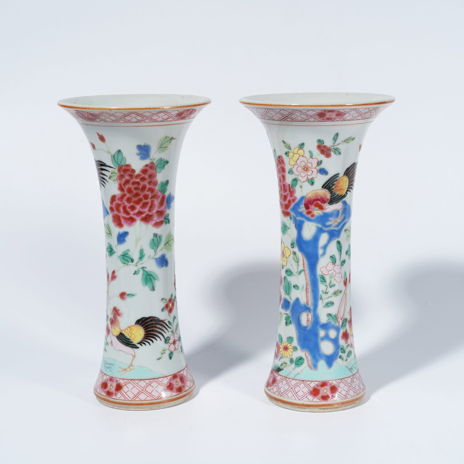 A FAMILLE-ROSE GU VASE WITH ROOSTER MOTIF (PAIR) (1 of 10)