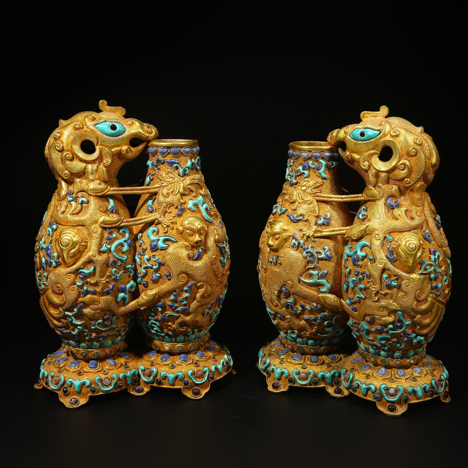 A SET OF GILT BRONZE DOUBLE BOTTLES WITH AUSPICIOUS BEAST DESIGN INLAID WITH TURQUOISE (1 of 9)