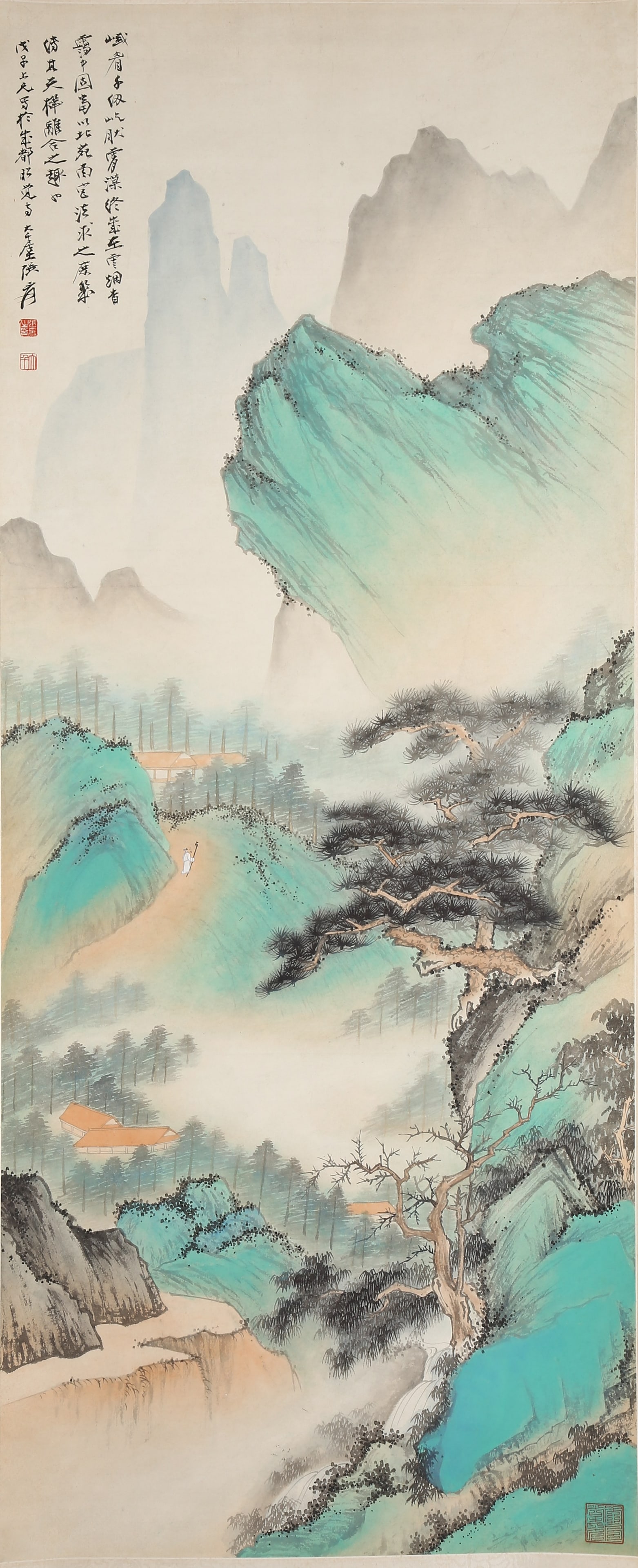 A LANDSCAPE PAINTING ON PAPER BY ZHANG DAQIAN.張大千: Landscape painting on paper by Zhang Daqian.張大千