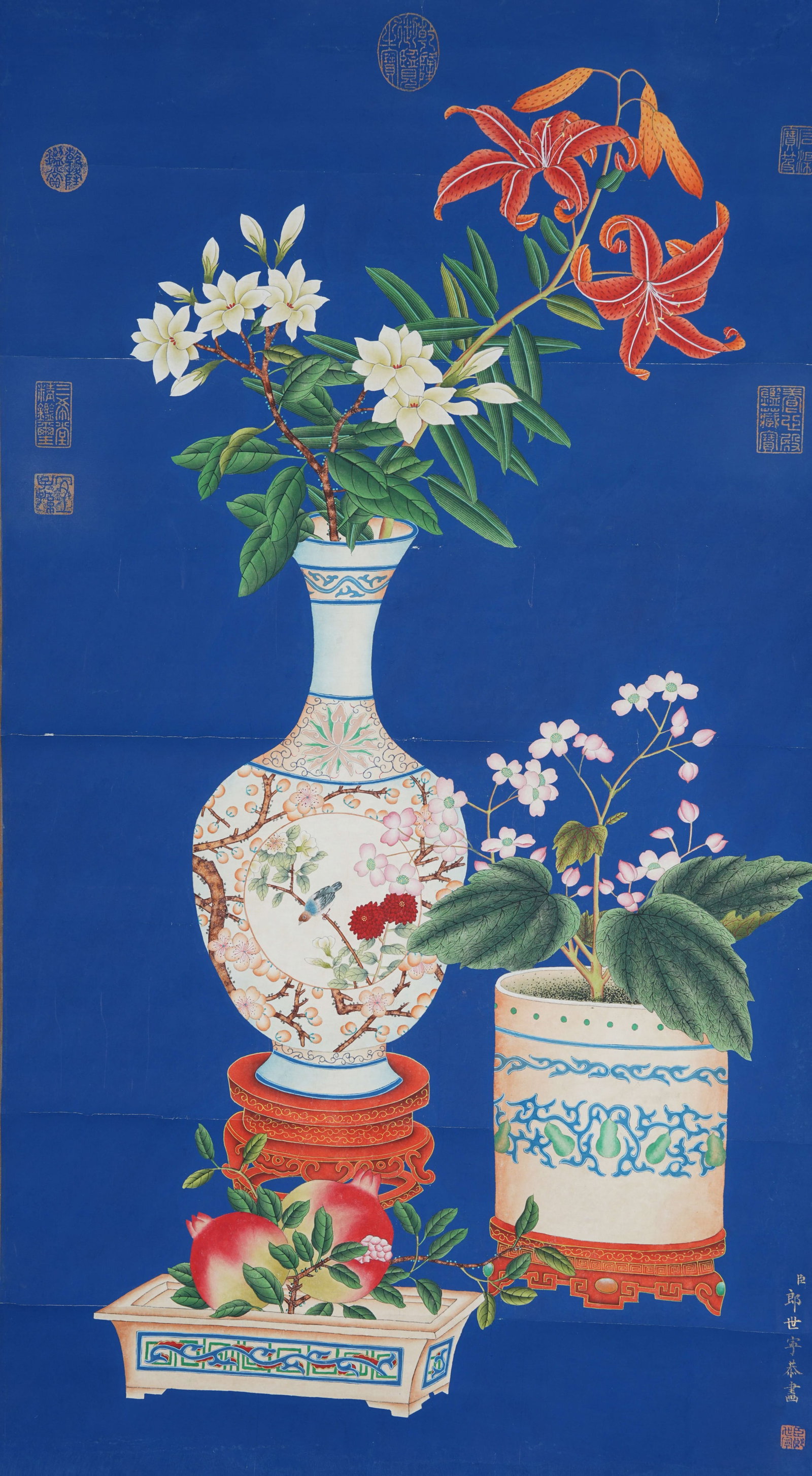 A SCHOLAR'S OFFERING PAINTING ON PAPER BY GIUSEPPE CASTIGLIONE.郎世寧: Scholar's Offering Painting on Paper by Giuseppe Castiglione.郎世寧