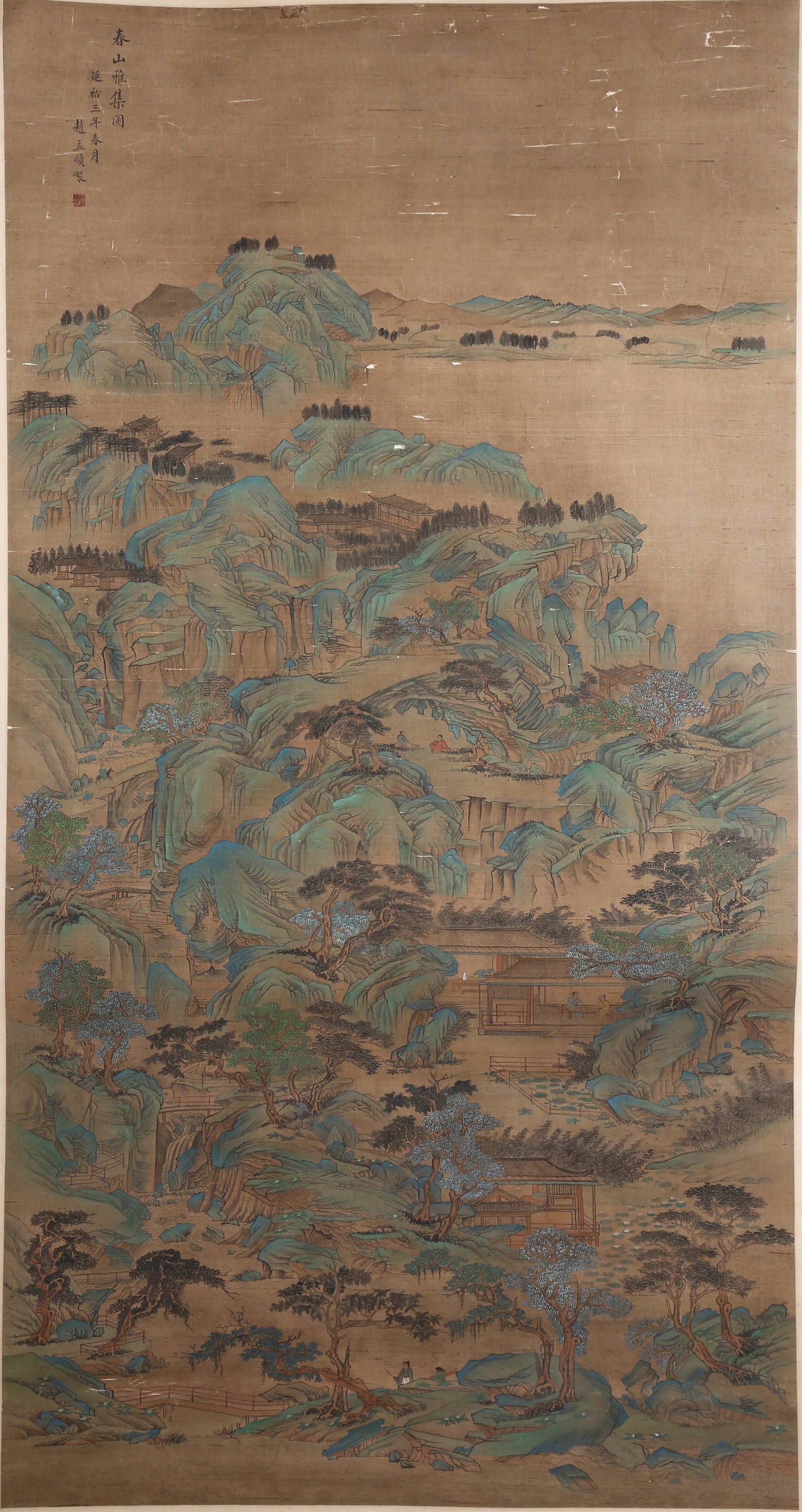 A ELEGANT GATHERING IN SPRING MOUNTAINS PAINTING ON SILK BY ZHAO MENGFU.趙孟頫: Elegant gathering in spring mountains painting on silk by Zhao Mengfu.趙孟頫