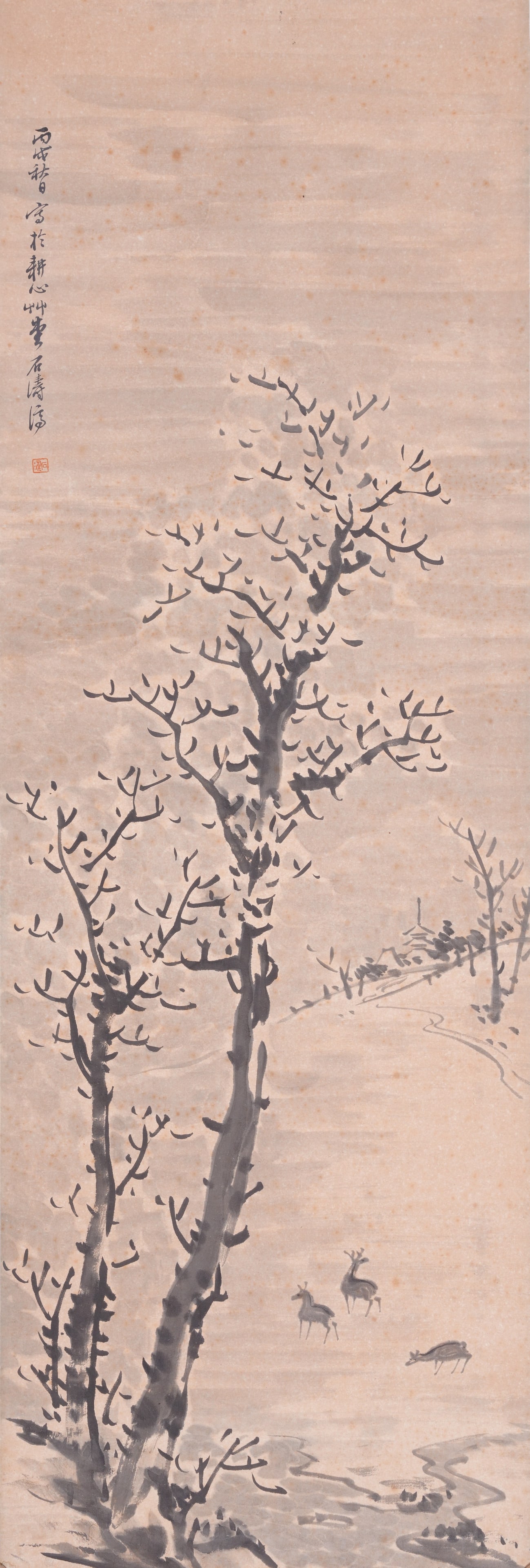 A WITHERED TREE PAINTING ON PAPER MOUNTED AS CENTRAL PANEL BY SHI TAO.石濤: Withered Tree Painting on Paper Mounted as Central Panel by Shi Tao.石濤