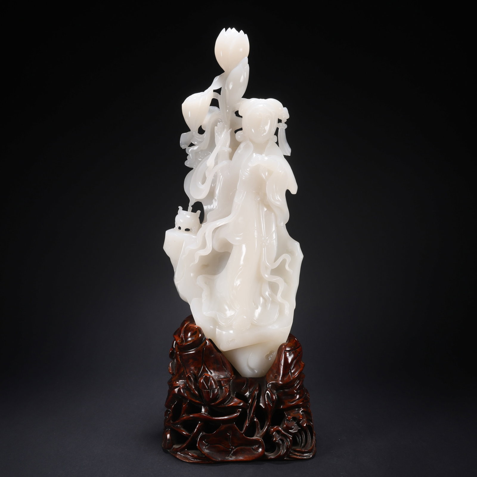 A HETIAN JADE WOODEN-BASE LOTUS MAIDEN GUARDING INCENSE ORNAMENT (1 of 9)