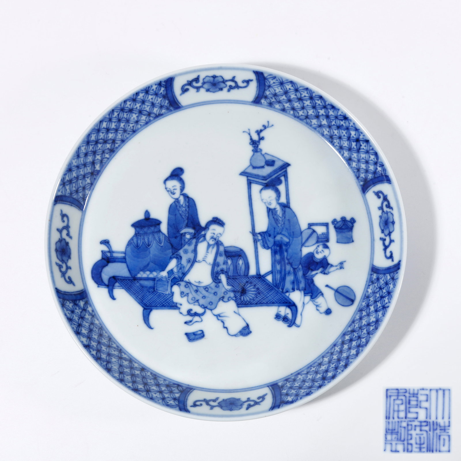 A BLUE AND WHITE WASHER WITH FIGURE STORY PATTERN: Blue and White Washer with Figure Story Pattern