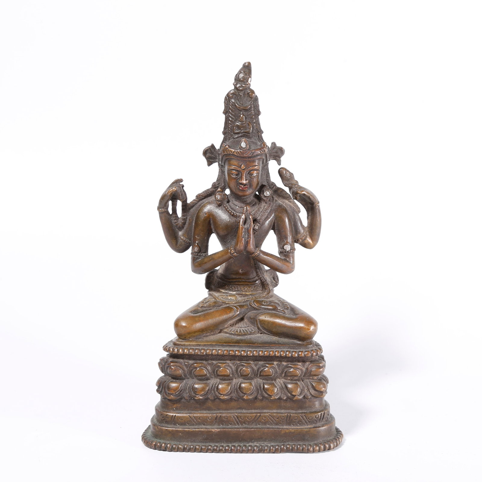 A BRONZE STATUE OF FOUR-ARMED AVALOKITESHVARA: Bronze Statue of Four-Armed Avalokiteshvara