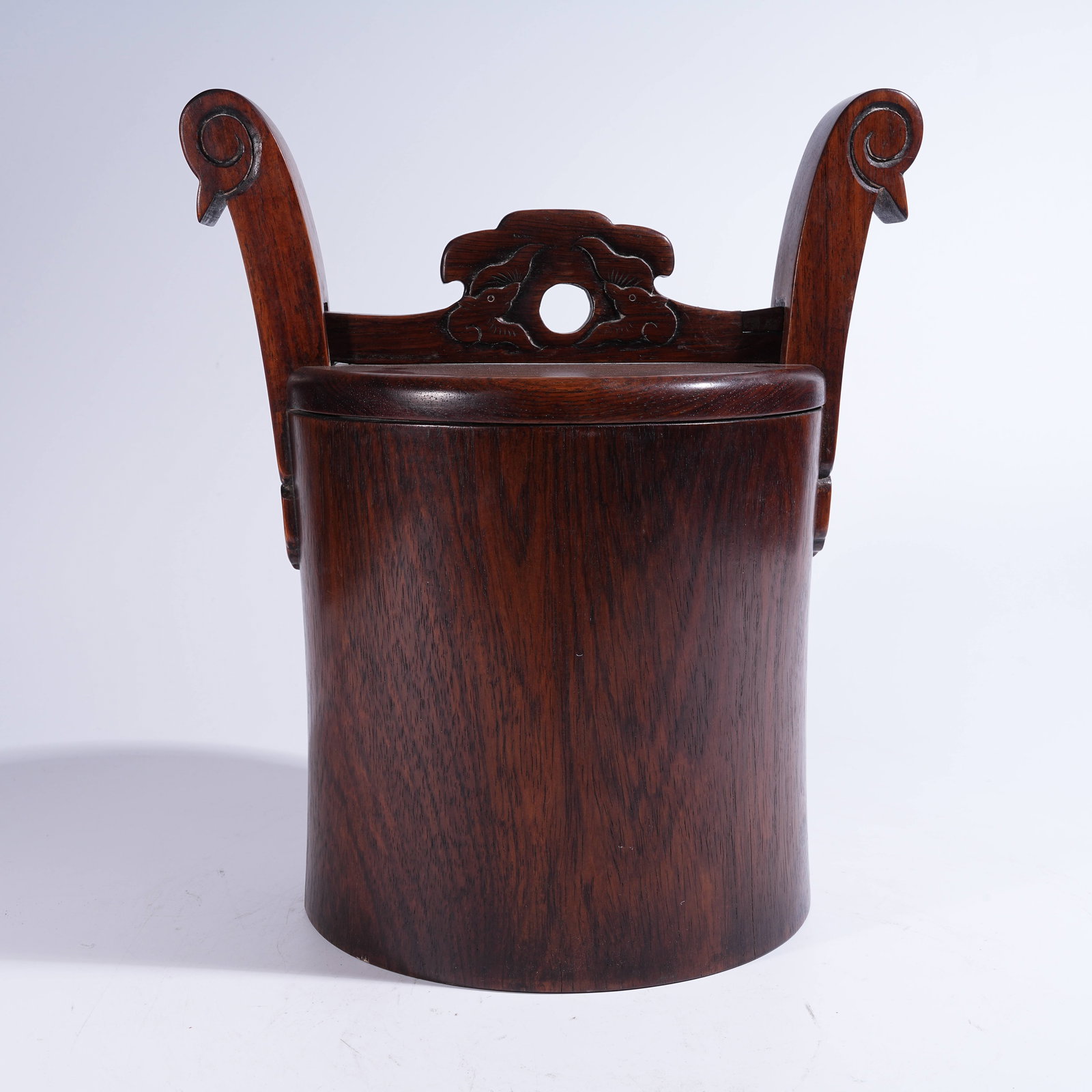 A HUANGHUALI BUCKET WITH HANDLE AND "FU" MOTIF: Huanghuali Bucket with Handle and "Fu" Motif