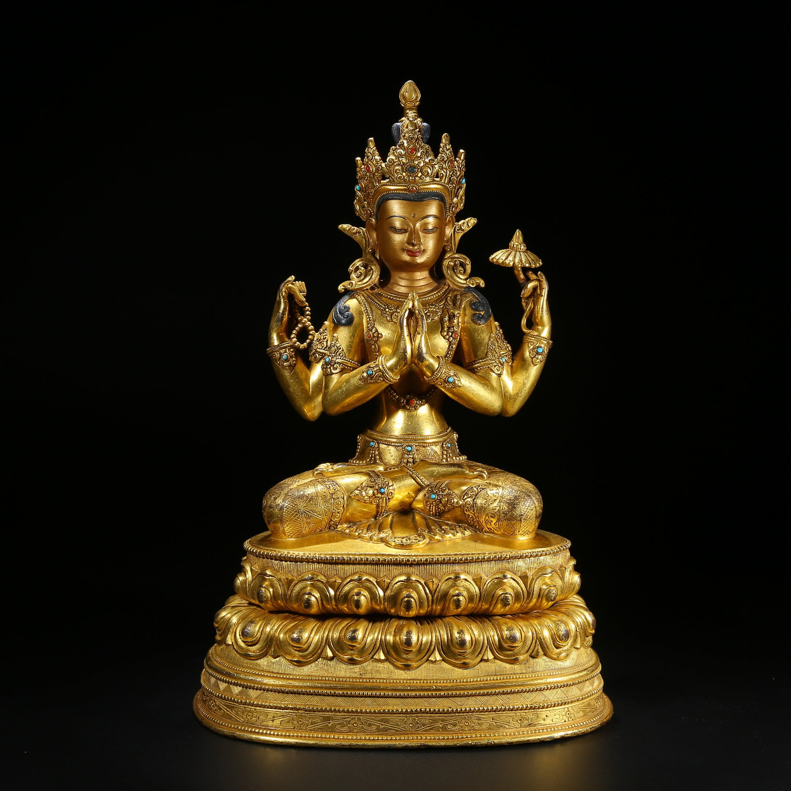 A GILT BRONZE FOUR-ARMED AVALOKITESHVARA STATUE INLAID WITH GEMS: Gilt Bronze Four-Armed Avalokiteshvara Statue Inlaid with Gems