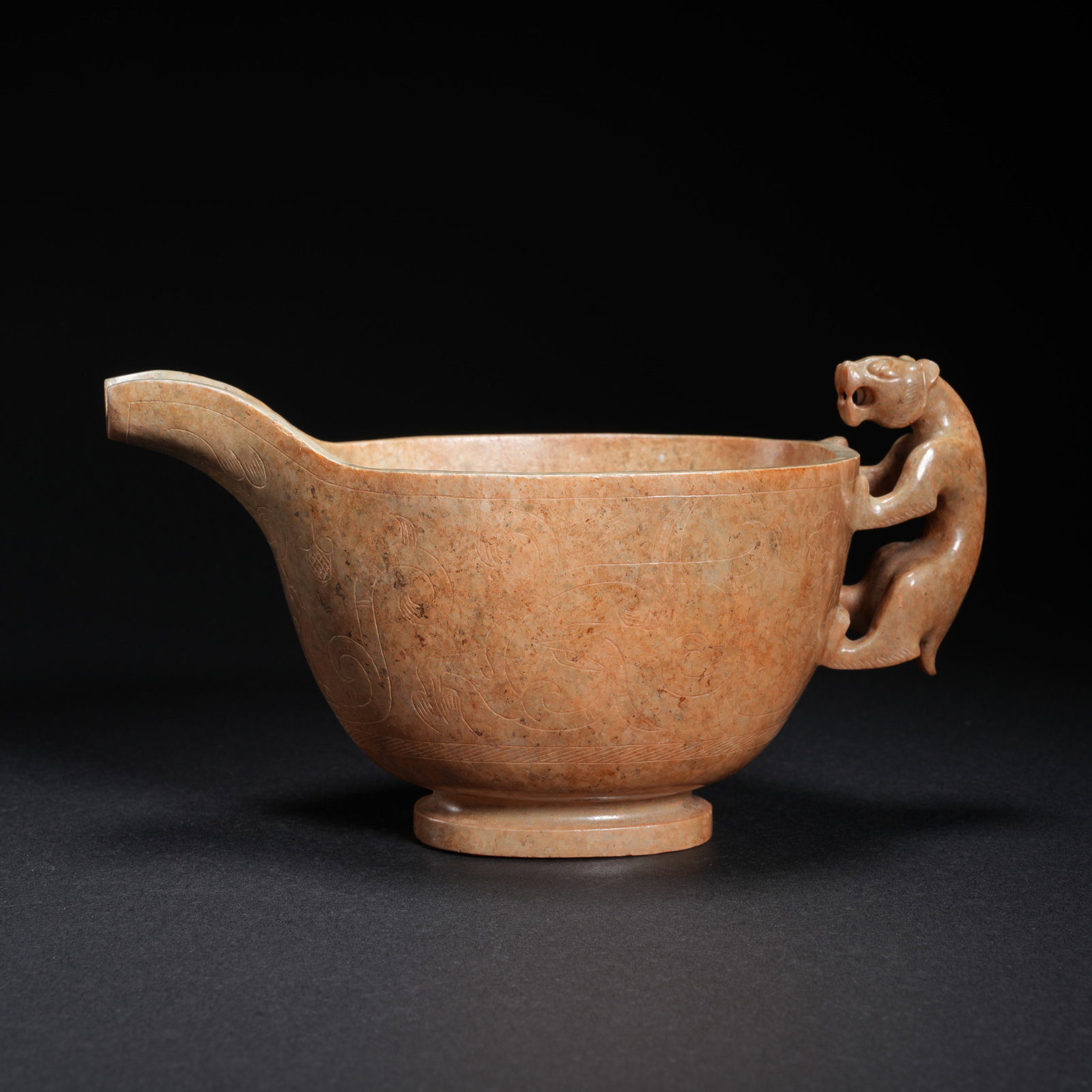 A HETIAN JADE CUP WITH BEAST-HANDLE: Hetian Jade Cup with Beast-Handle