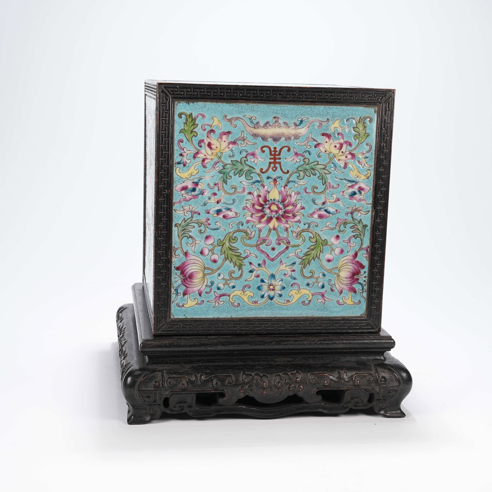 A ZITAN WOOD COVERED BOX INLAID WITH TURQUOISE AND PAINTED FLORAL PATTERN (1 of 9)