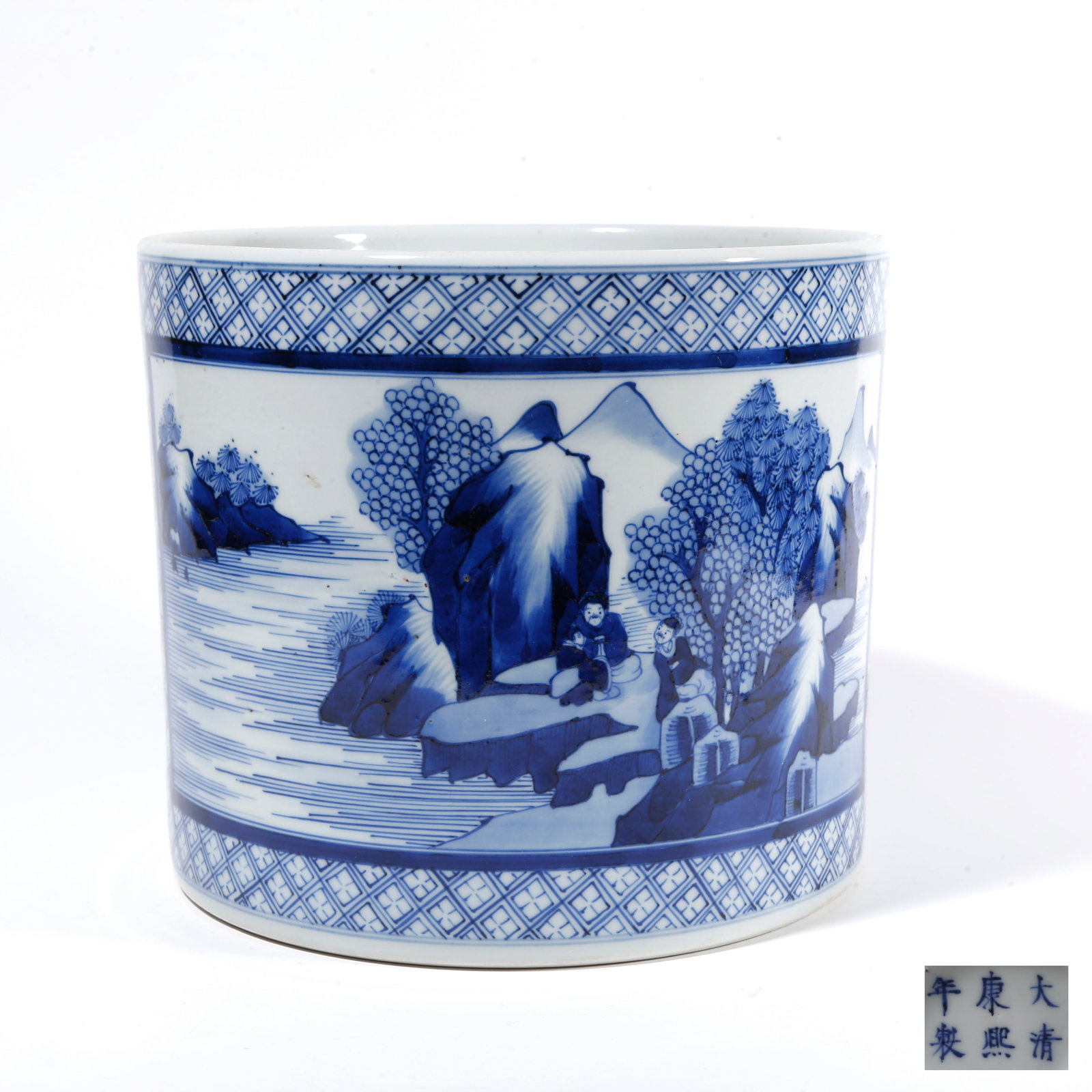 A BLUE AND WHITE BRUSH POT WITH LANDSCAPE AND FIGURE PATTERN: Blue and White Brush Pot with Landscape and Figure Pattern