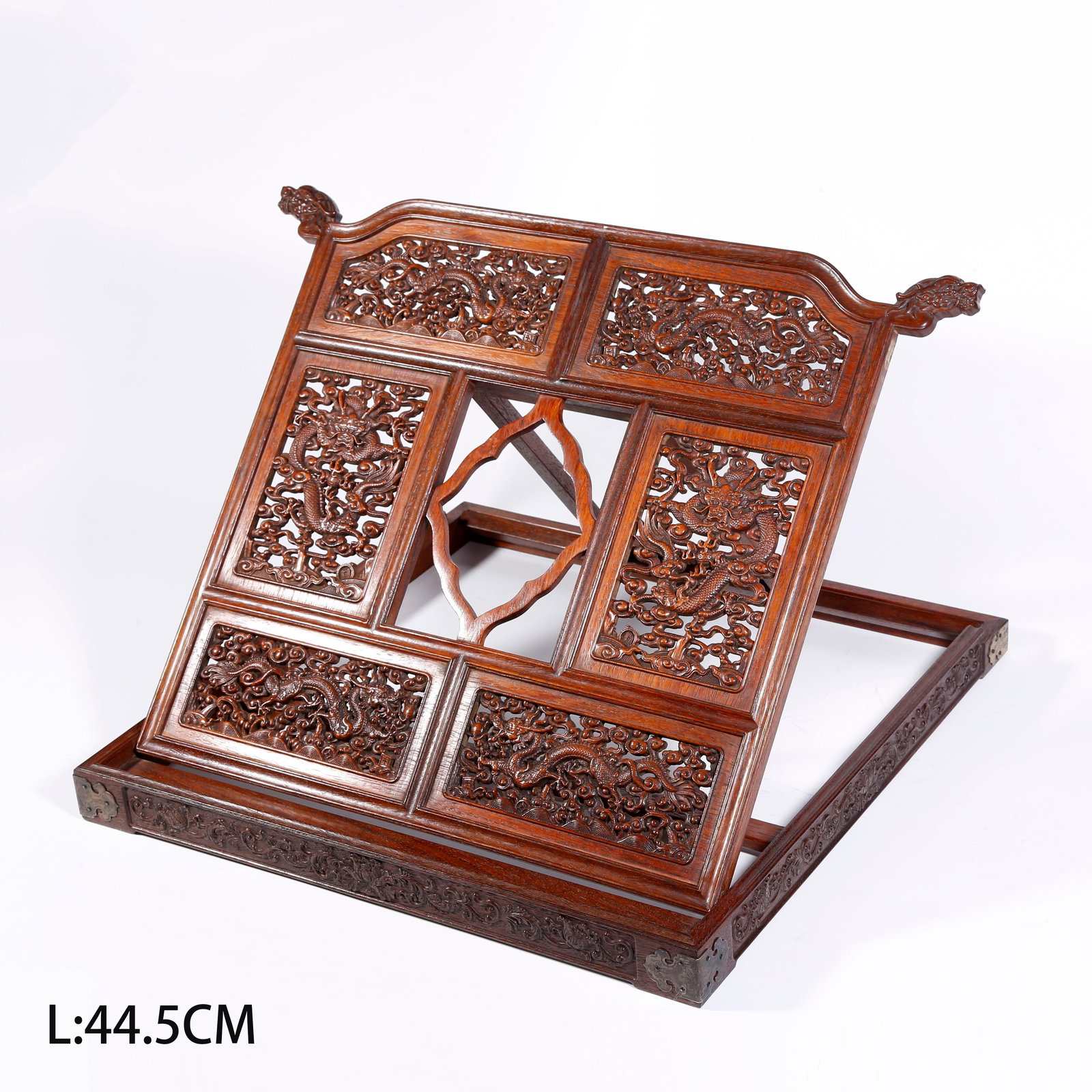 A HUANGHUALI WOOD BOOKSTAND CARVED WITH DRAGON MOTIF: Huanghuali Wood Bookstand Carved with Dragon Motif