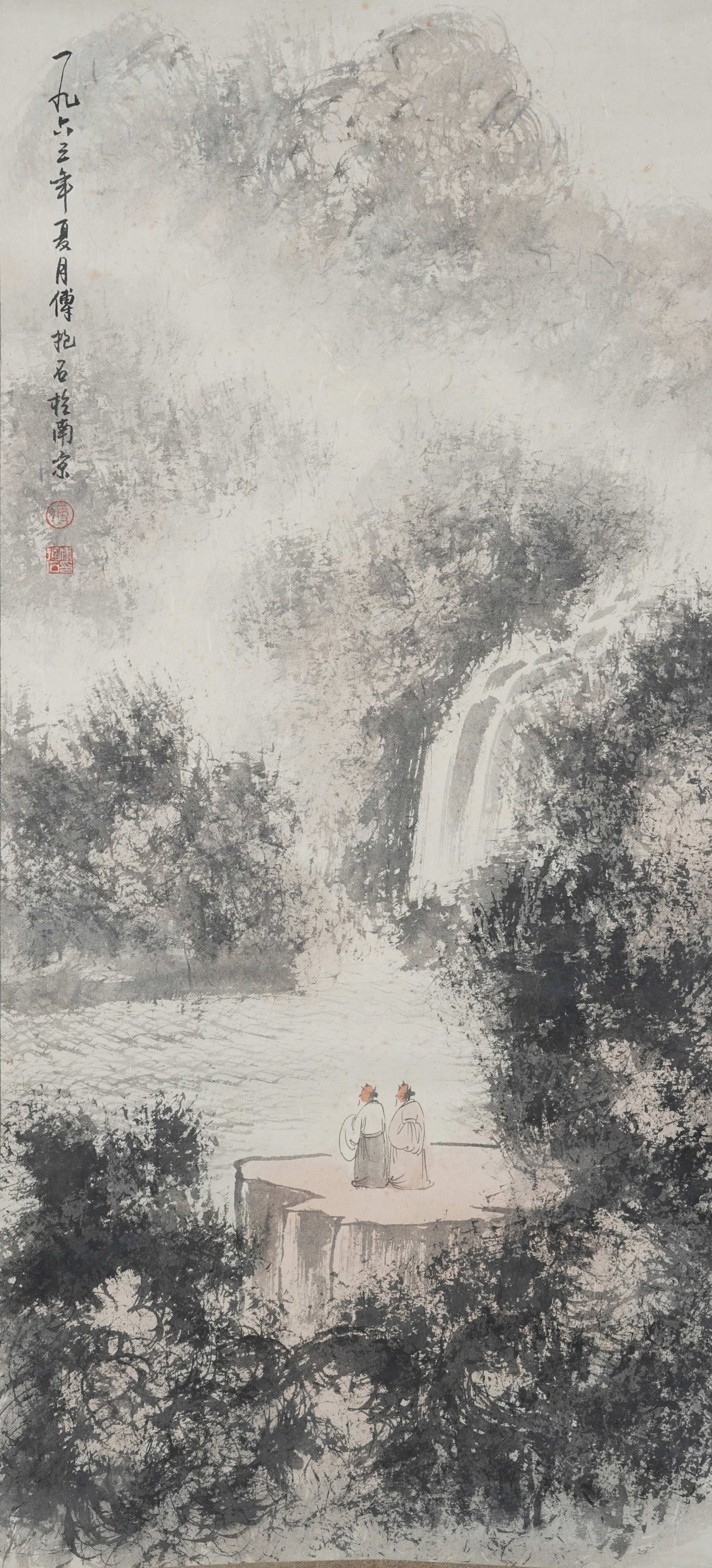A LANDSCAPE AND FIGURE PAINTING ON PAPER BY FU BAOSHI.傅抱石: Landscape and Figure Painting on Paper by Fu Baoshi.傅抱石
