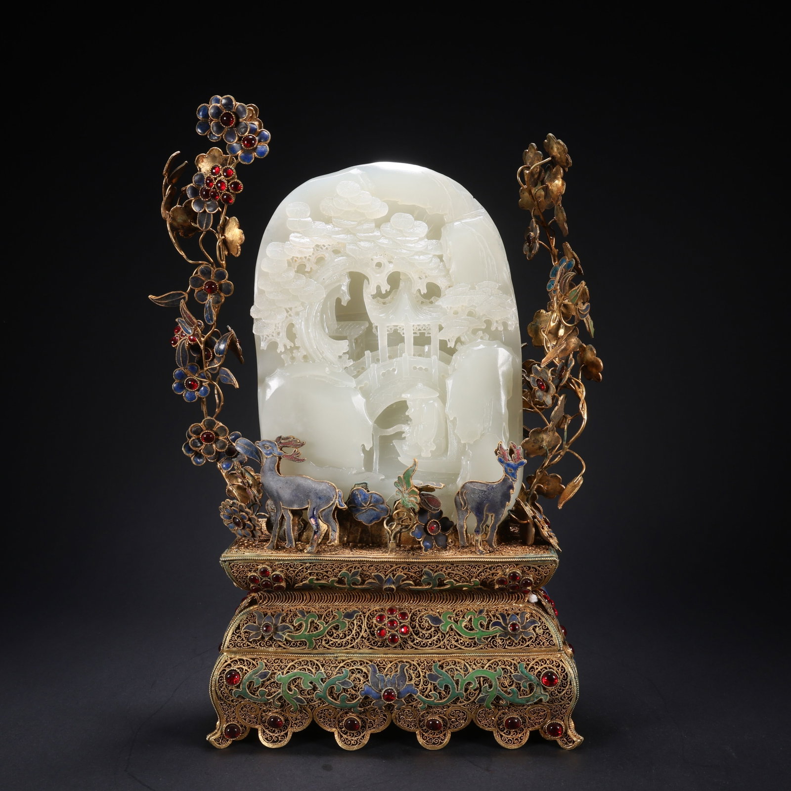 A HETIAN JADE SILVER-GILDED CLOISONNÉ ENAMEL INLAID GEM DEER-SEATED LANDSCAPE AND FIGURES ORNAMENT: Hetian Jade Silver-Gilded Cloisonne Enamel Inlaid Gem Deer-Seated Landscape and Figures Ornament