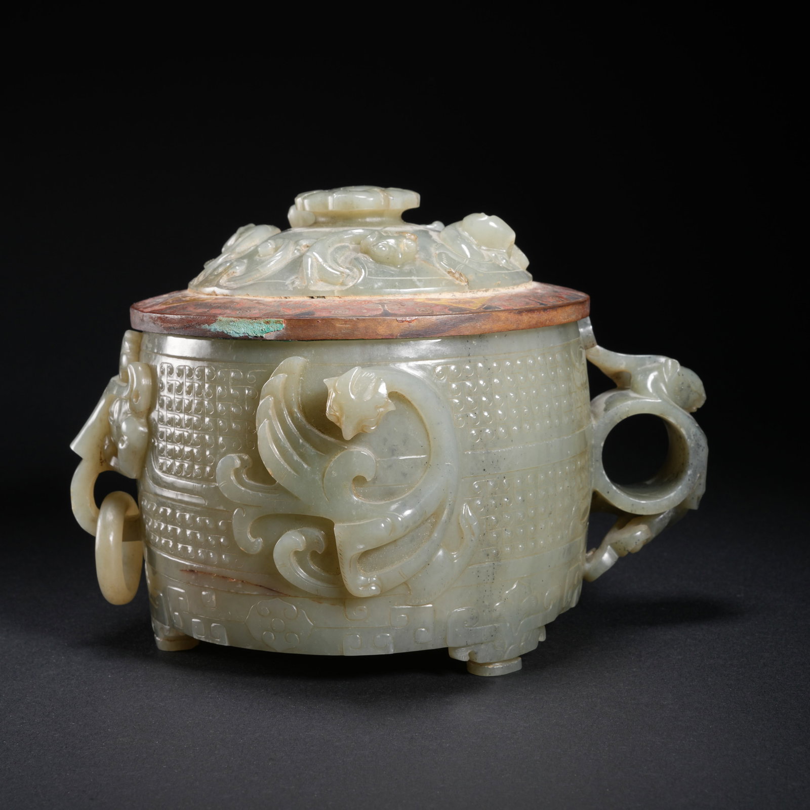 A HETIAN JADE COVERED JAR WITH DRAGON DESIGN: Hetian Jade Covered Jar with Dragon Design