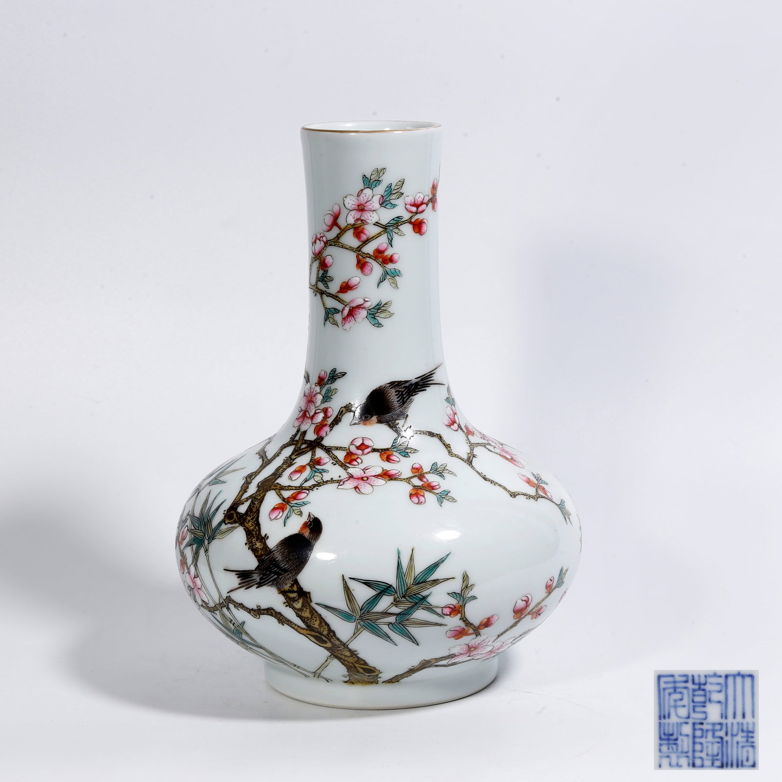 A FAMILLE-ROSE FLATTENED VASE WITH FLOWER-AND-BIRD MOTIFS: Famille-Rose Flattened Vase with Flower-and-Bird Motifs