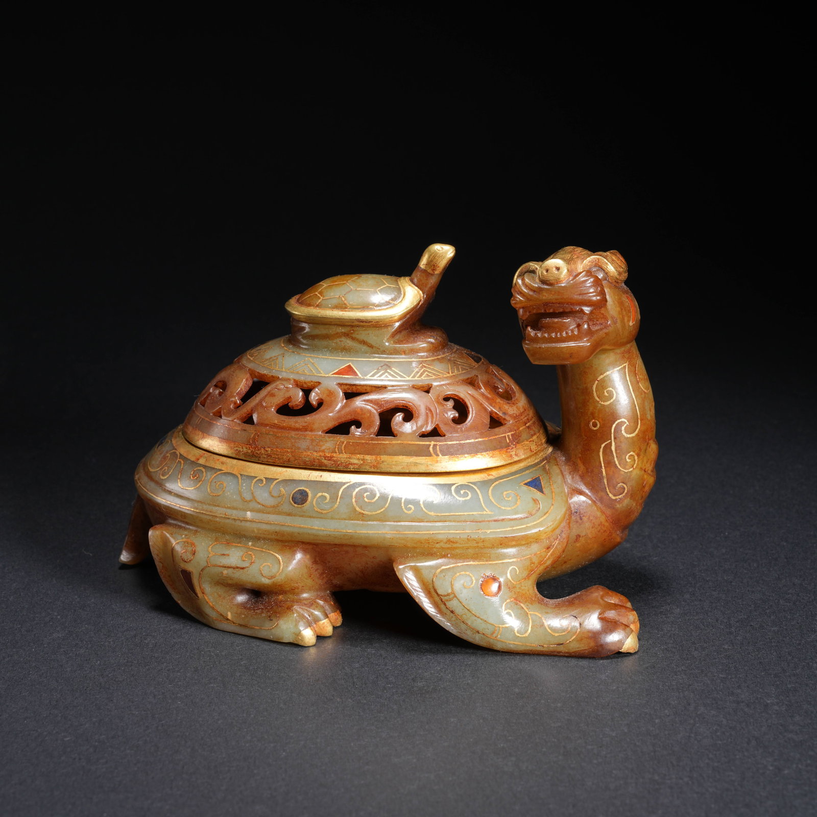 A HETIAN JADE GILT-INLAID TURTLE INCENSE BURNER (1 of 12)