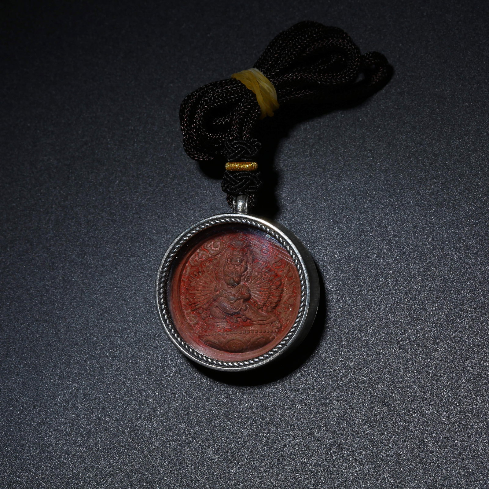 A CLAY YAMANTAKA TSA-TSA WITH SILVER GAWU BOX: Clay Yamantaka Tsa-Tsa with Silver Gawu Box