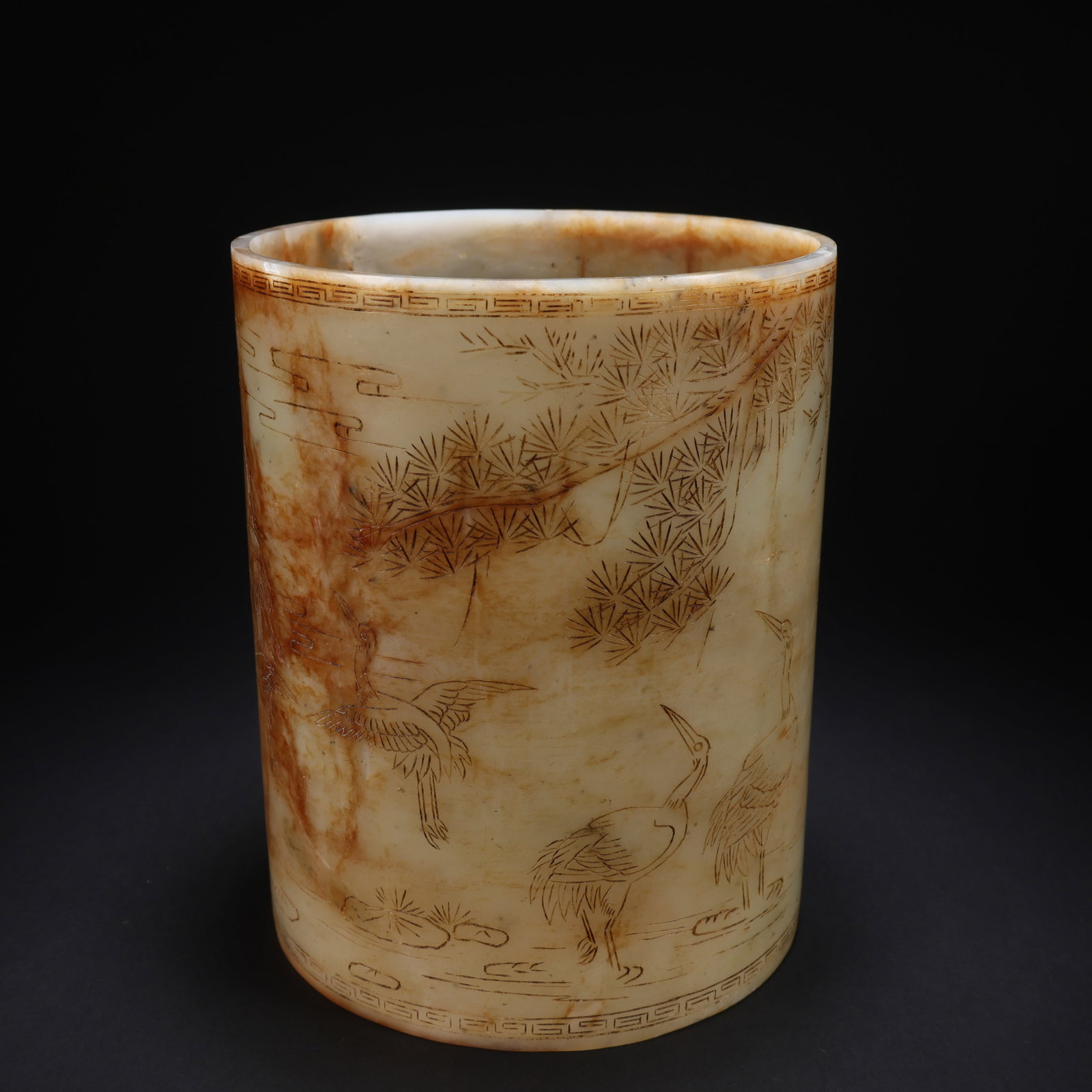 A HETIAN JADE NINE-CRANE POETRY-INSCRIBED BRUSH HOLDER (1 of 9)