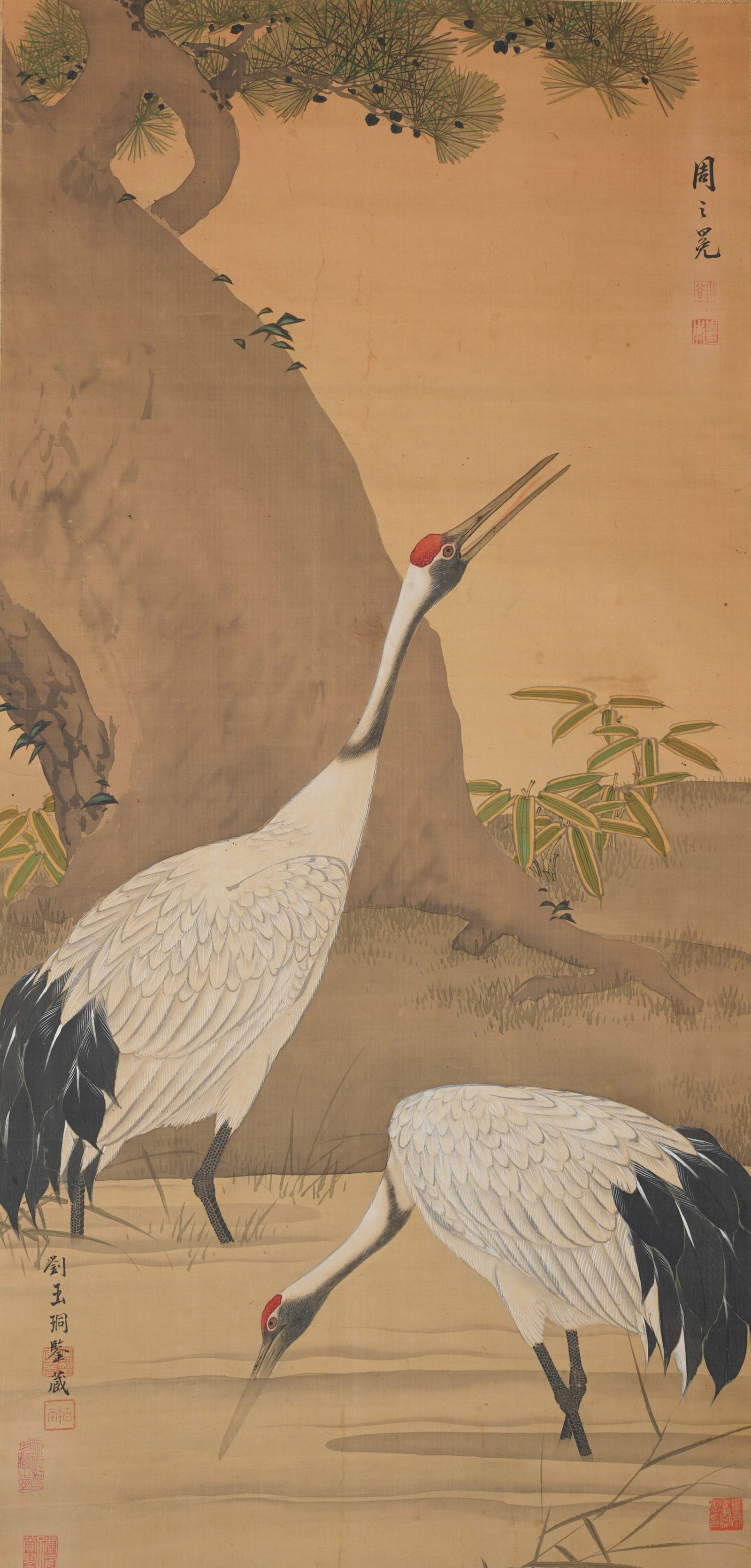 A DOUBLE CRANES PAINTING ON SILK BY ZHOU ZHIMIAN.周之冕 (1 of 9)
