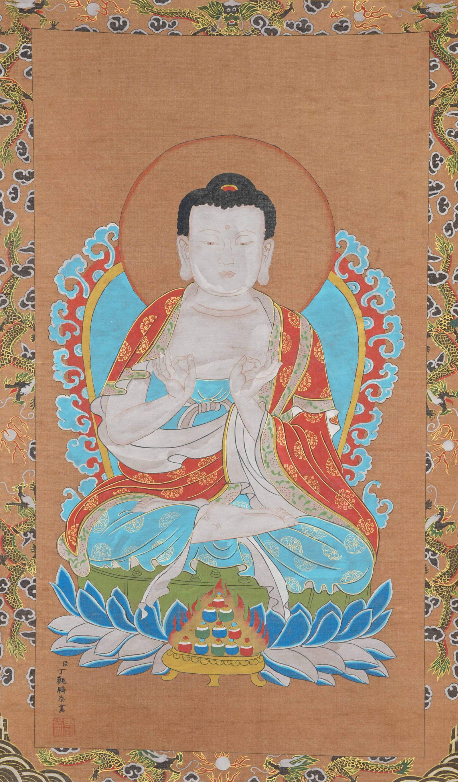 A BUDDHA STATUE PAINTING ON SILK BY DING GUANPENG.丁觀鵬: Buddha Statue Painting on Silk by Ding Guanpeng.丁觀鵬