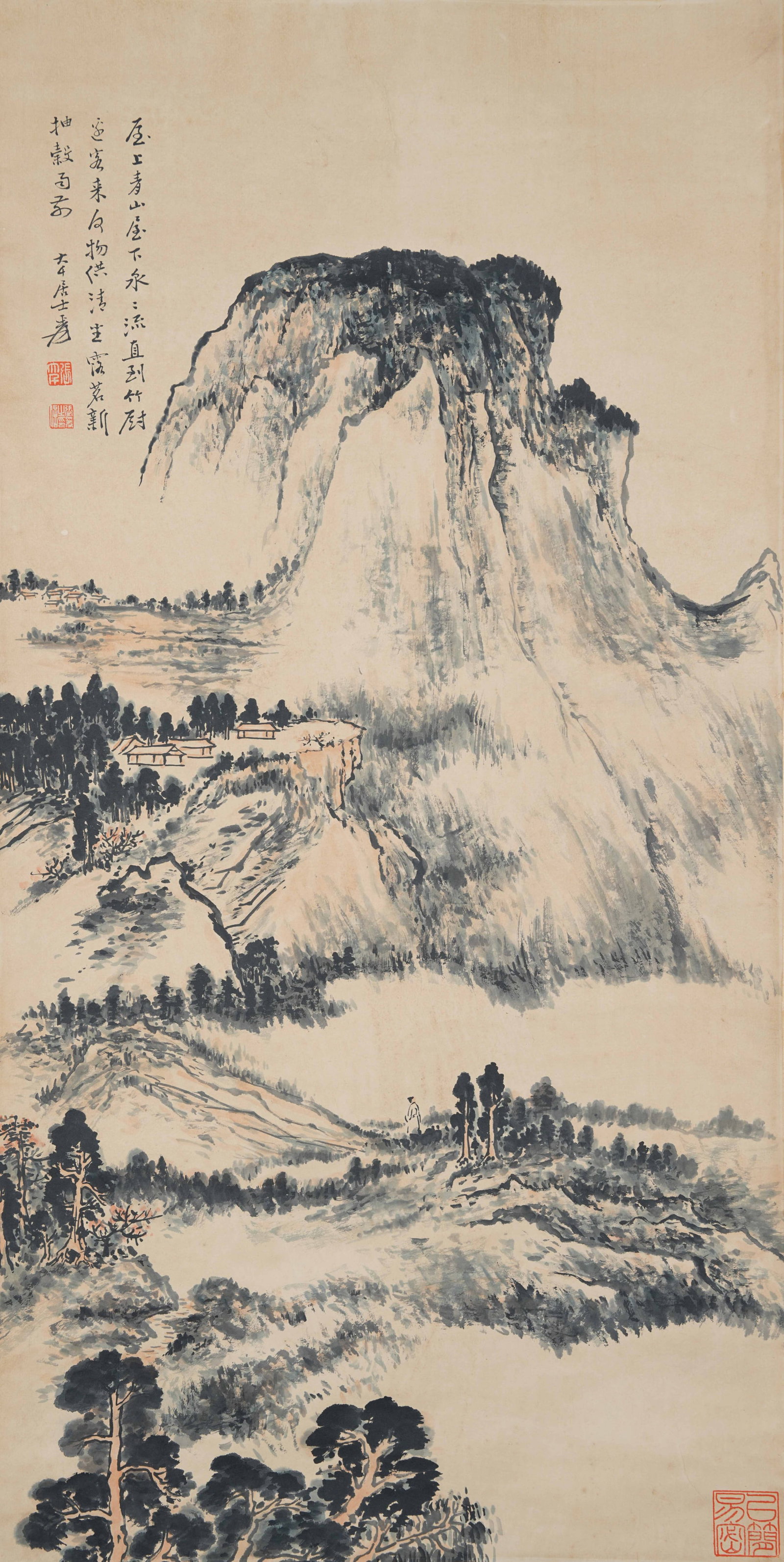 A LANDSCAPE PAINTING ON PAPER BY ZHANG DAQIAN.張大千: Landscape painting on paper by Zhang Daqian.張大千