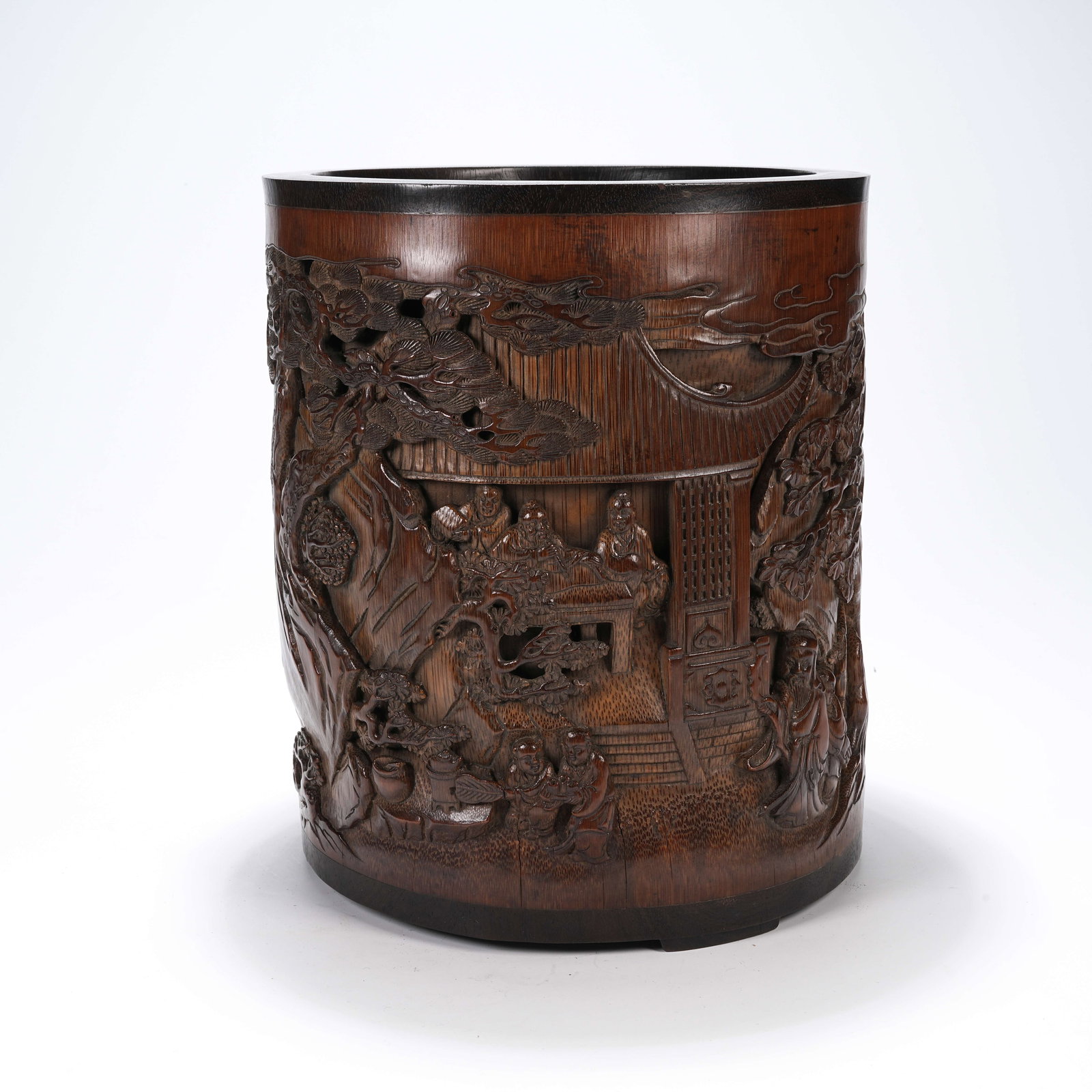 A BAMBOO ROOT CARVED BRUSH POT WITH NINE ELDERS OF FRAGRANT MOUNTAIN PATTERN (1 of 9)