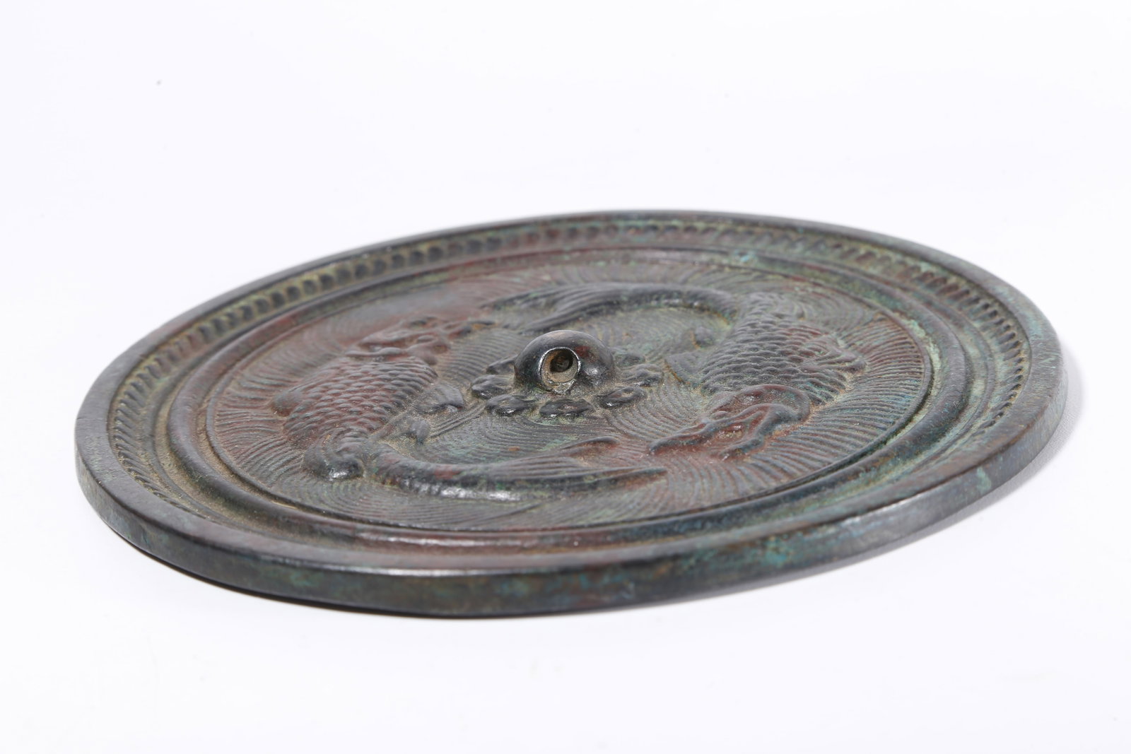 A BRONZE MIRROR WITH DOUBLE FISH PATTERN - 5