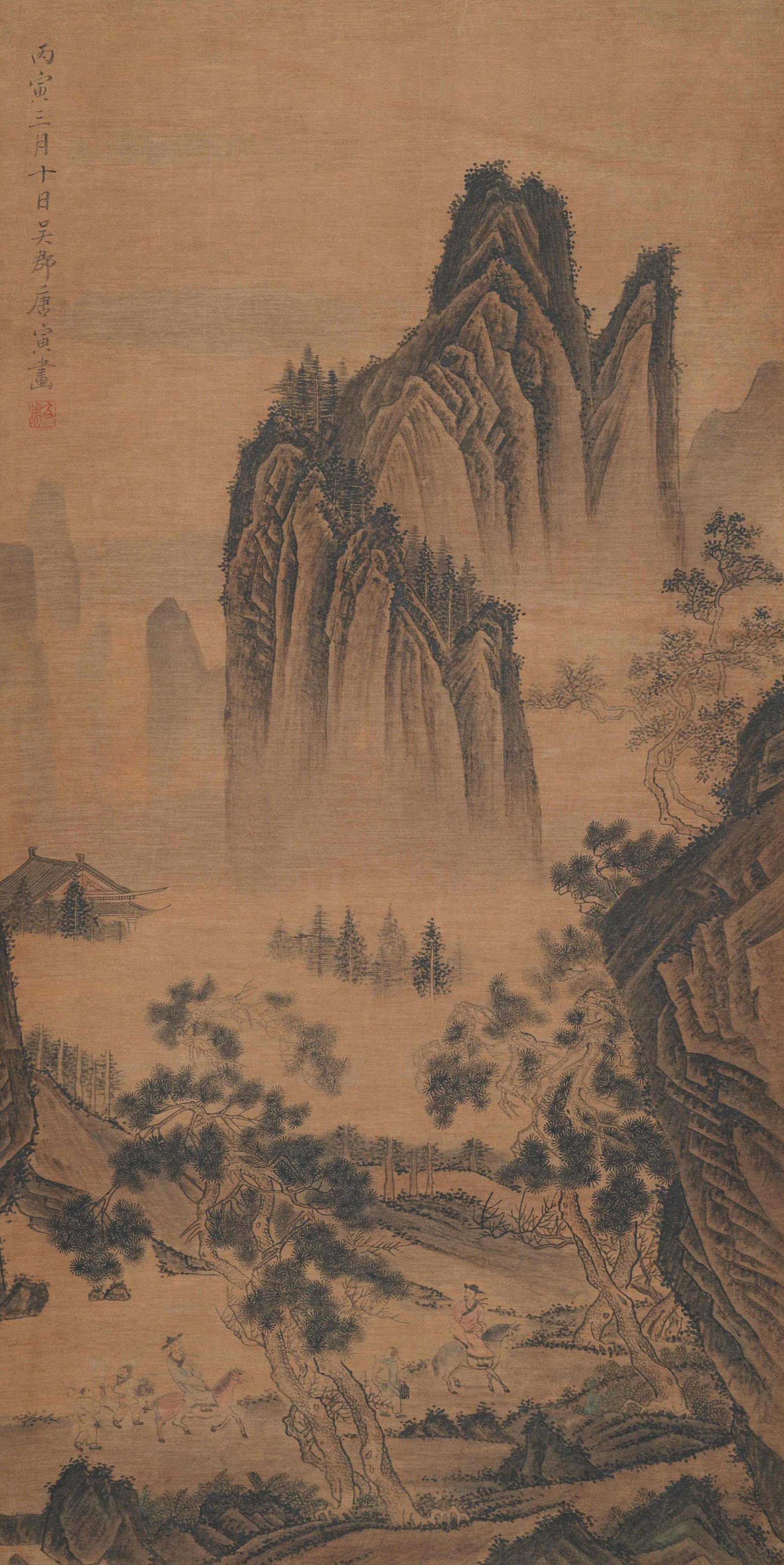 A LANDSCAPE AND FIGURE PAINTING ON SILK BY TANG BOHU.唐伯虎: Landscape and Figure Painting on Silk by Tang Bohu.唐伯虎