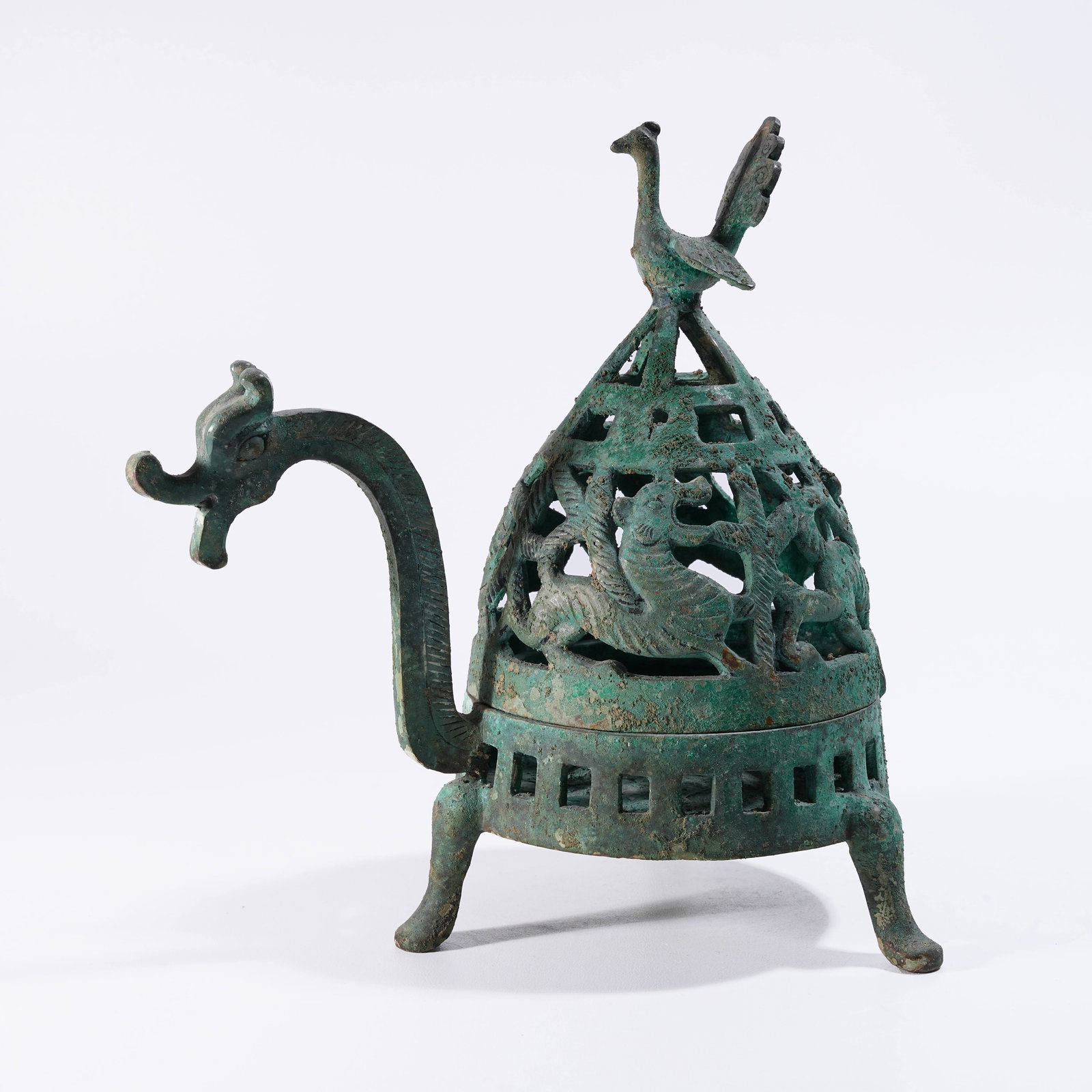 A BRONZE INCENSE BURNER WITH DRAGON AND PHOENIX DESIGN (1 of 9)