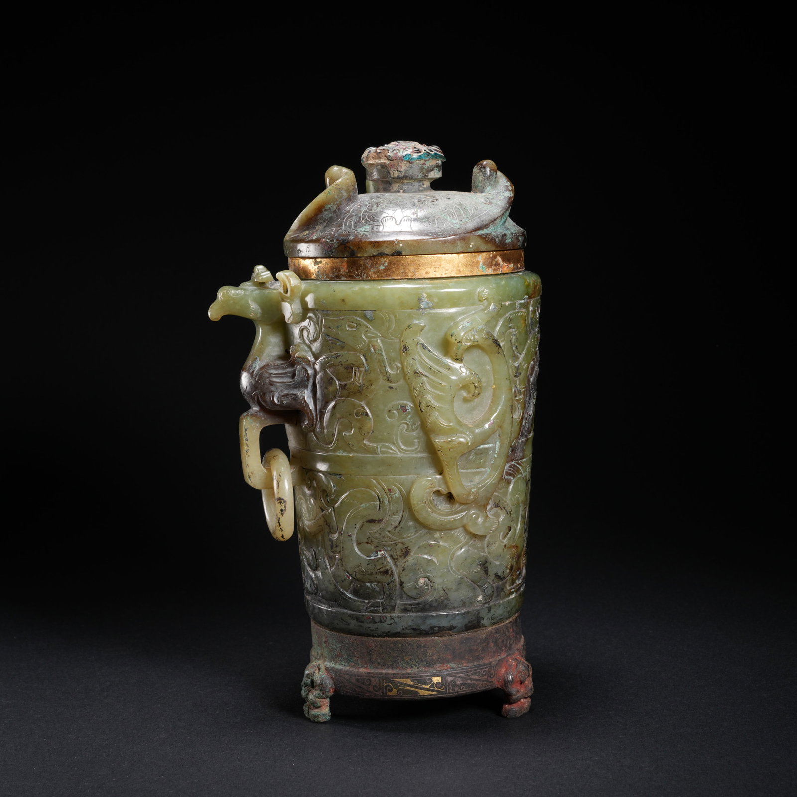 A HETIAN JADE COVERED CUP WITH DRAGON-AND-PHOENIX DESIGN: Hetian Jade Covered Cup with Dragon-and-Phoenix Design