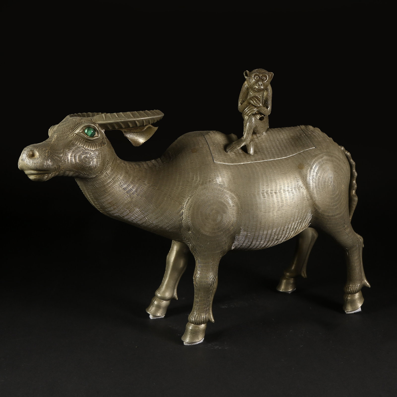 A TIN INLAID GEM MONKEY RIDING OX FIGURINE (1 of 9)