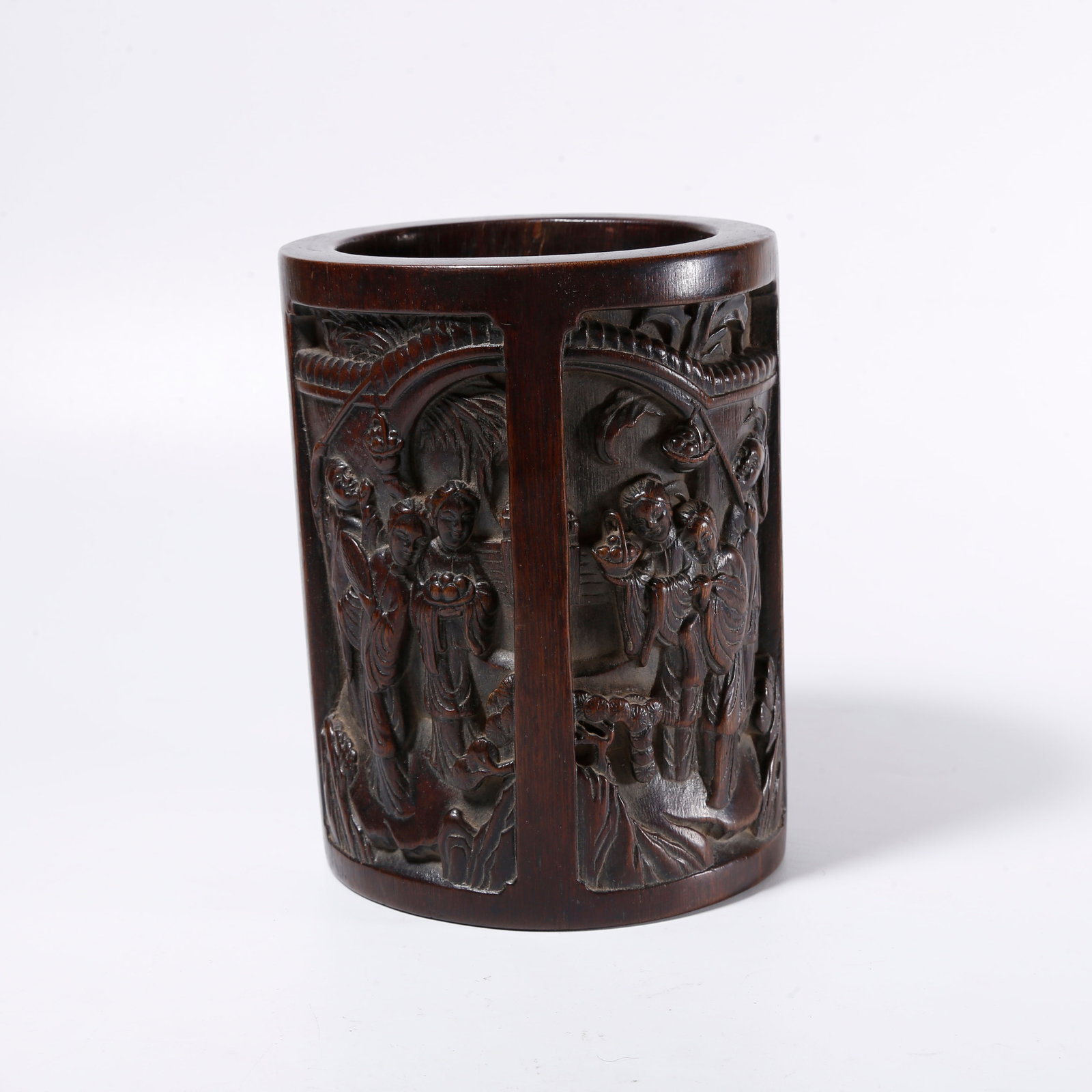 A AGARWOOD CARVED BRUSH POT WITH FIGURE STORY PATTERN (1 of 10)