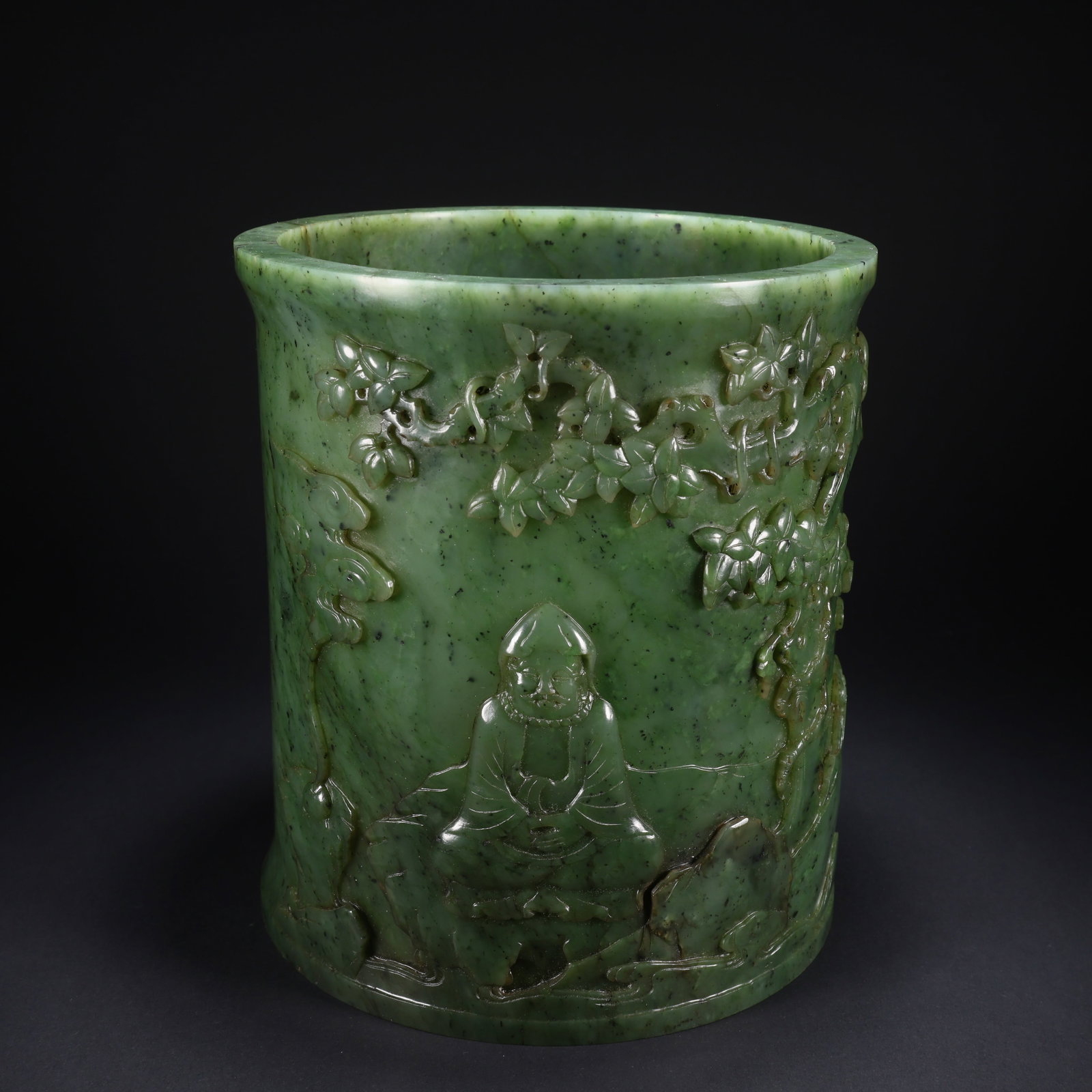 A HETIAN JADE STORY-AND-POETRY FIGURE BRUSH HOLDER: Hetian Jade Story-and-Poetry Figure Brush Holder