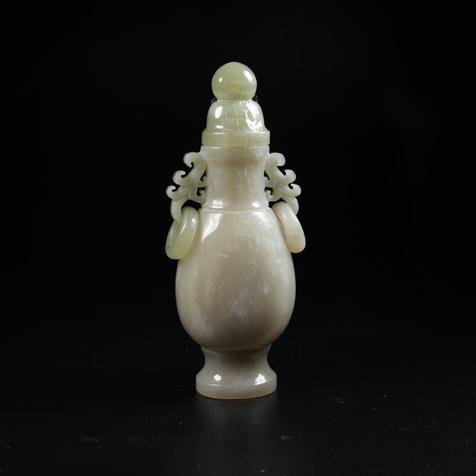 A HOTAN JADE COVERED VASE WITH MOVABLE RING EARS: Hotan Jade Covered Vase with Movable Ring Ears