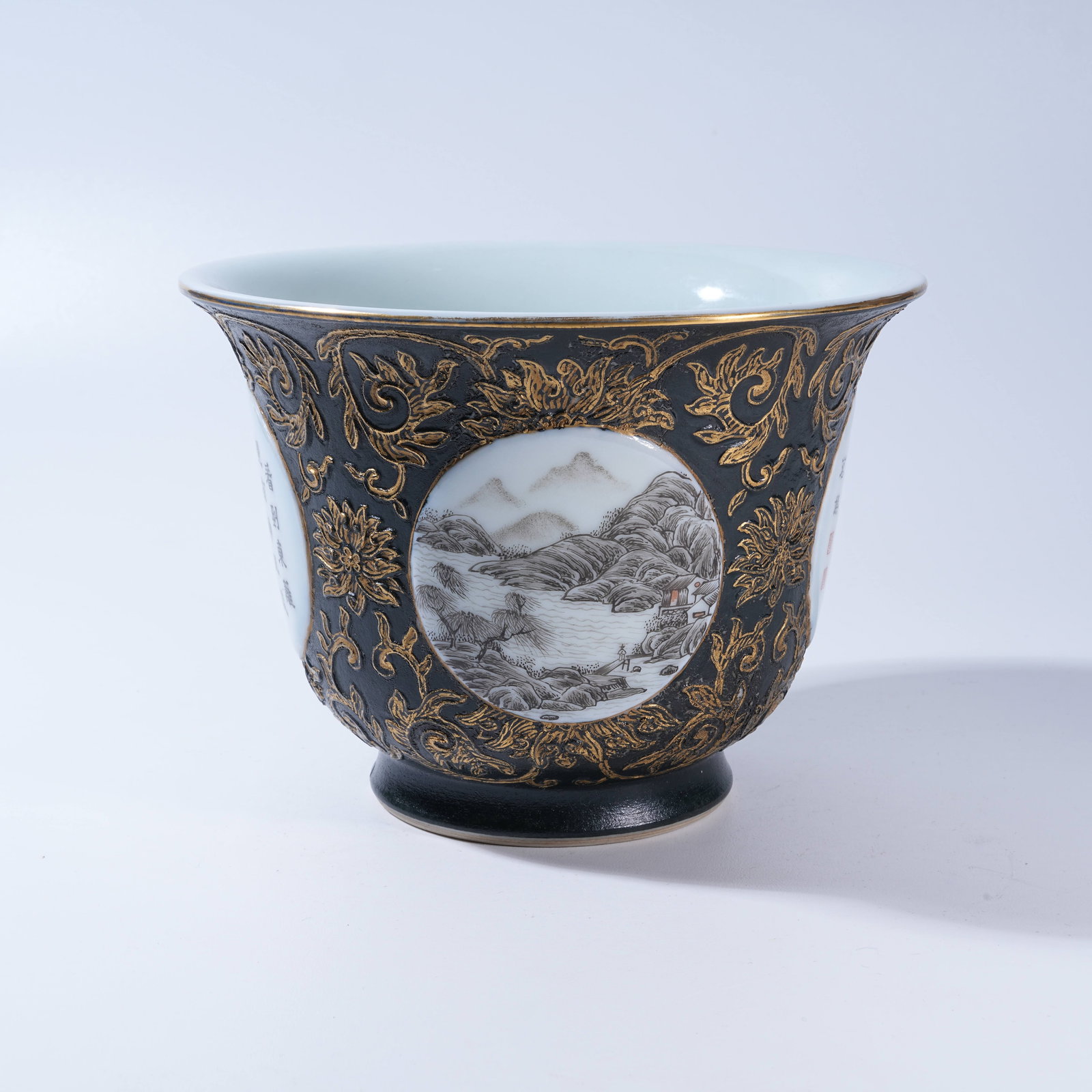 A INK-ENAMEL FLOWERPOT WITH LANDSCAPE DESIGN: Ink-Enamel Flowerpot with Landscape Design