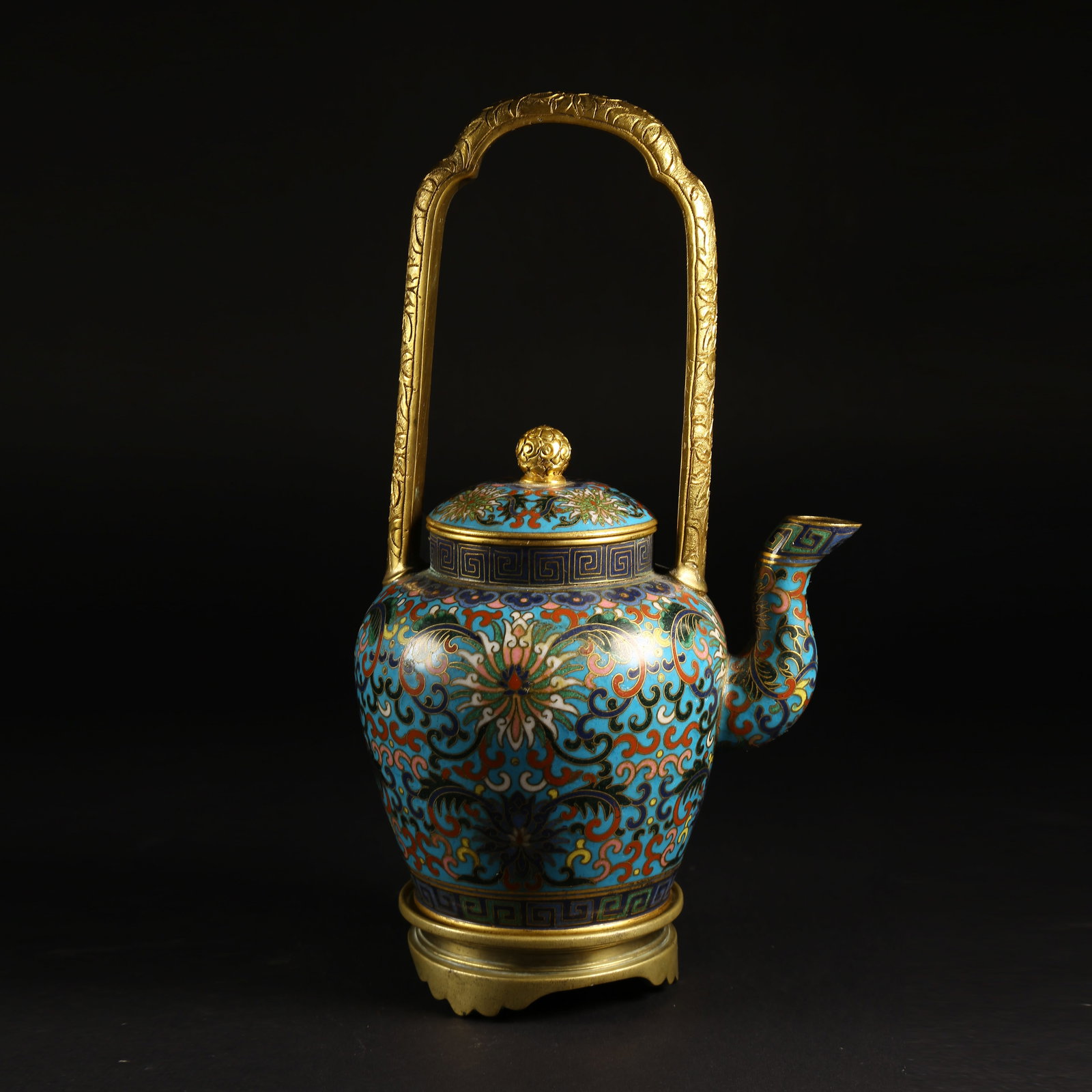 A CLOISONNÉ ENAMEL BRONZE TEAPOT WITH HANDLE AND SPOUT: Cloisonné Enamel Bronze Teapot with Handle and Spout