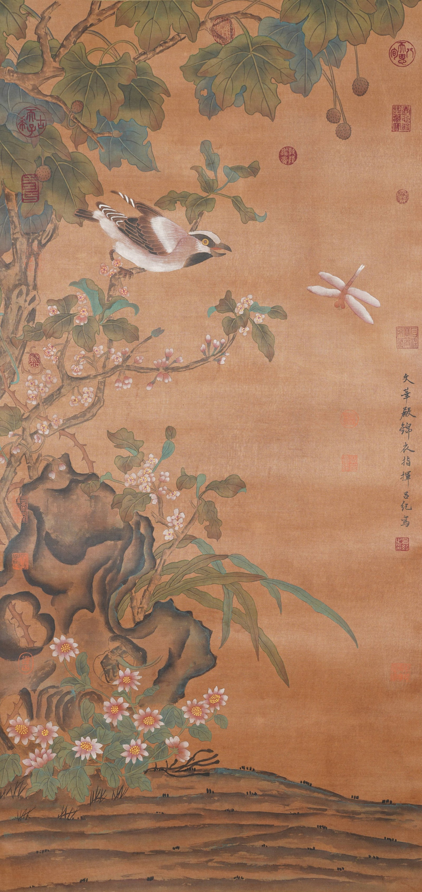 A FLOWER AND BIRD PAINTING ON SILK BY LV JI.呂紀: Flower and Bird Painting on Silk by Lv Ji.呂紀