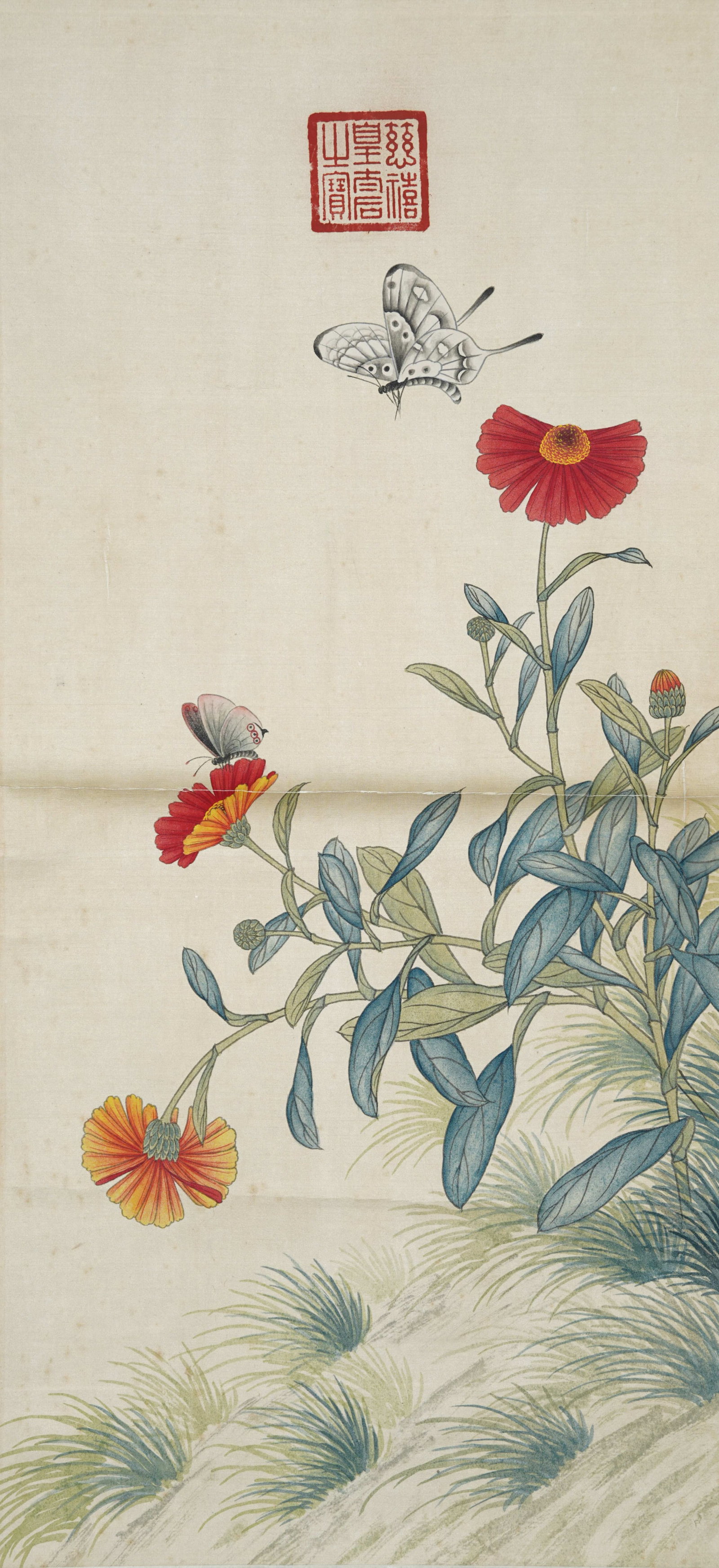 A FLOWER AND BUTTERFLY PAINTING ON SILK BY EMPRESS DOWAGER CIXI.慈禧 (1 of 8)